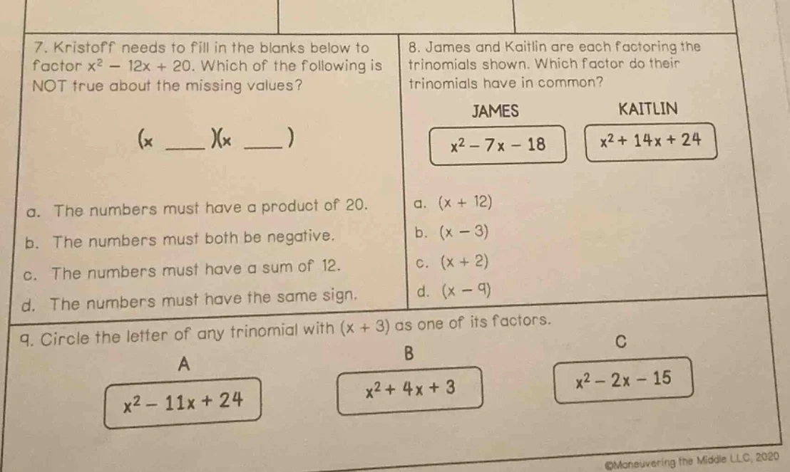 7. kristoff needs to fill in the blanks below to factor ( x^2 - 12x + 2…