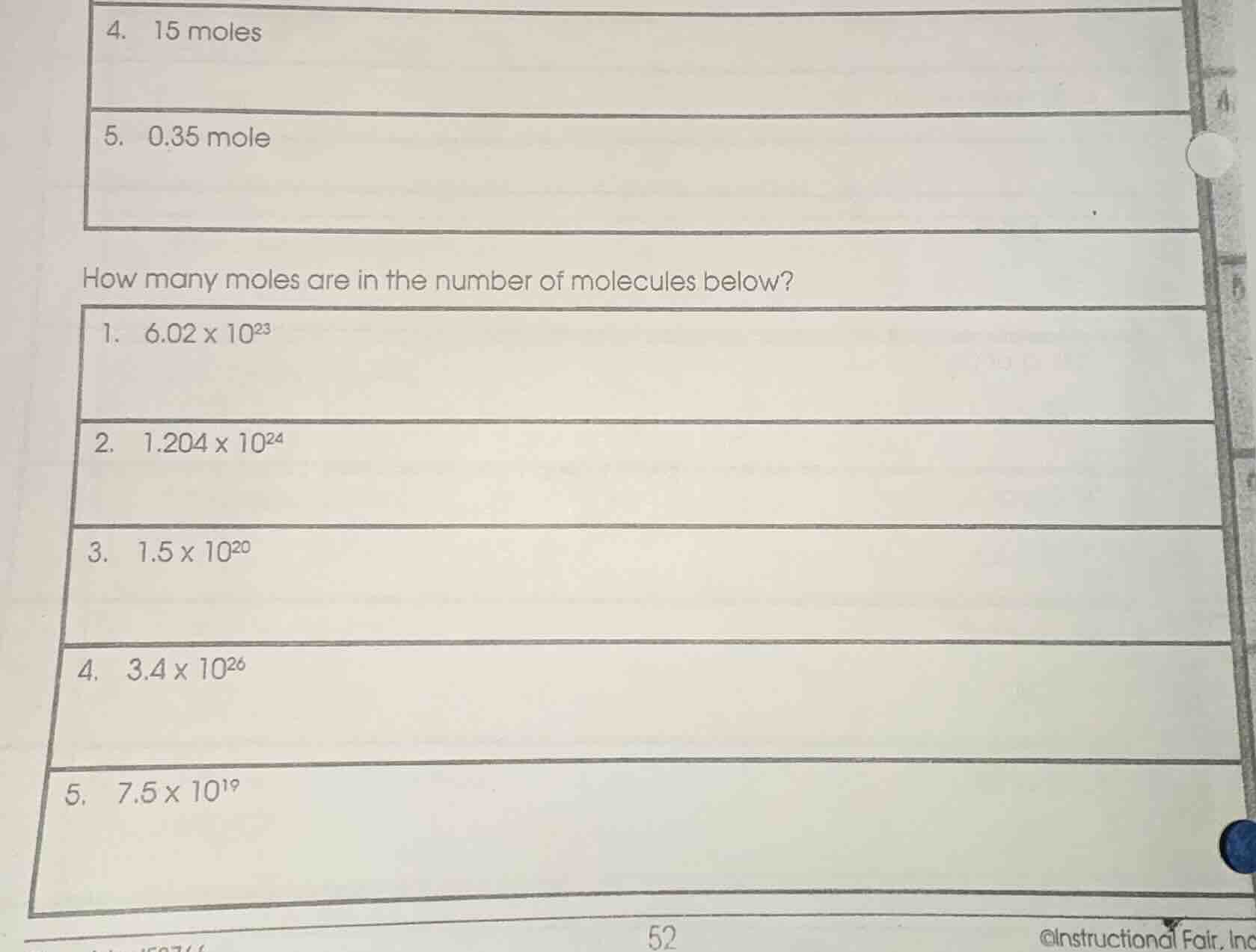4. 15 moles 5. 0.35 mole how many moles are in the number of molecules …