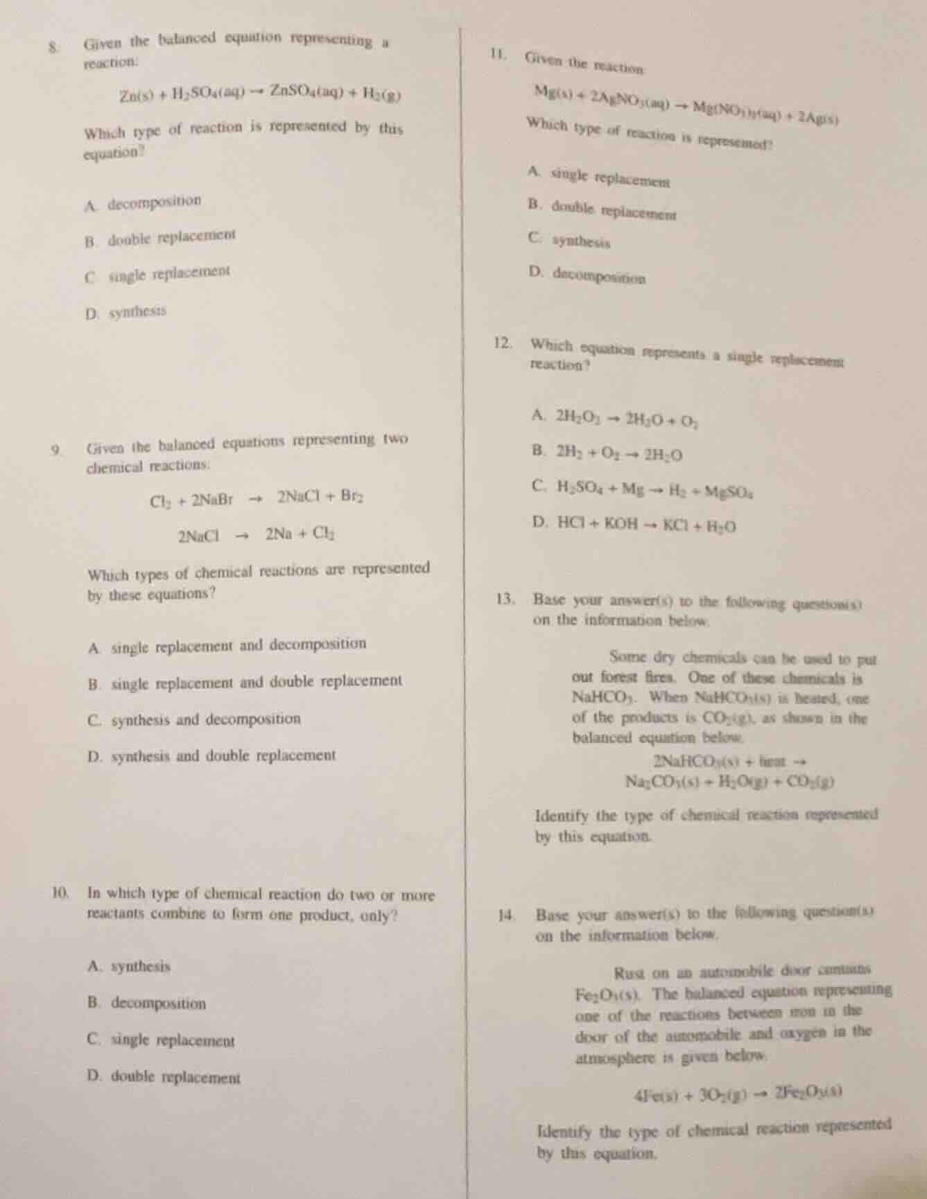 8. given the balanced equation representing a reaction: zn(s) + h₂so₄(a…