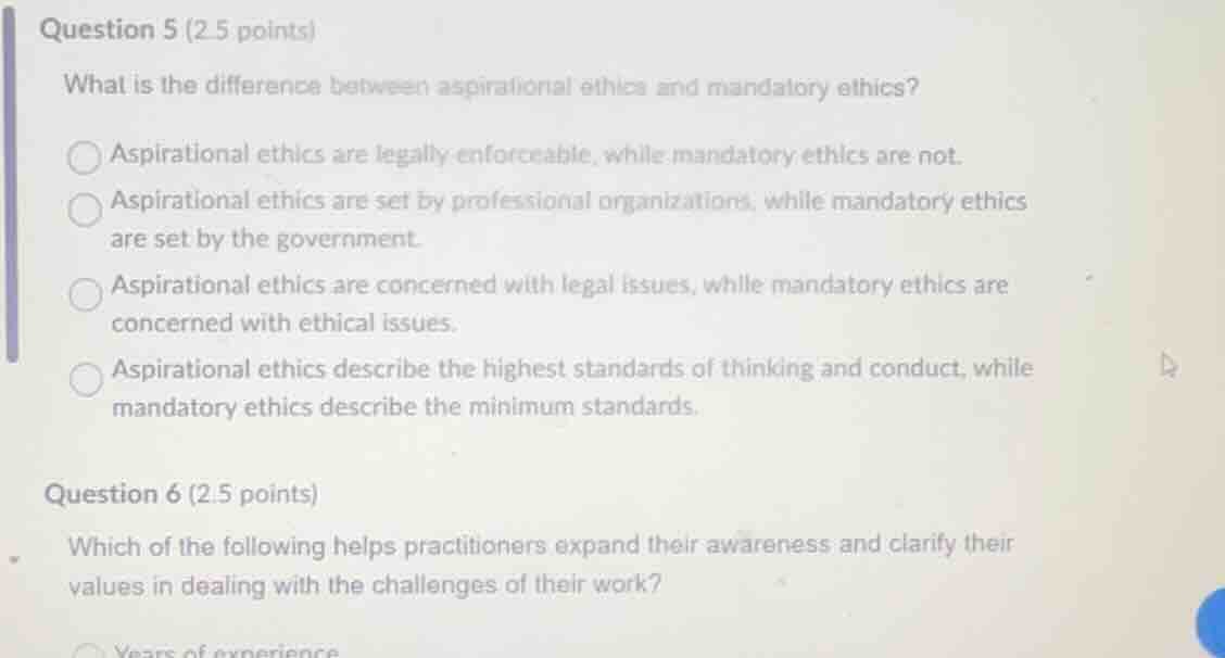 question 5 (2.5 points) what is the difference between aspirational eth…
