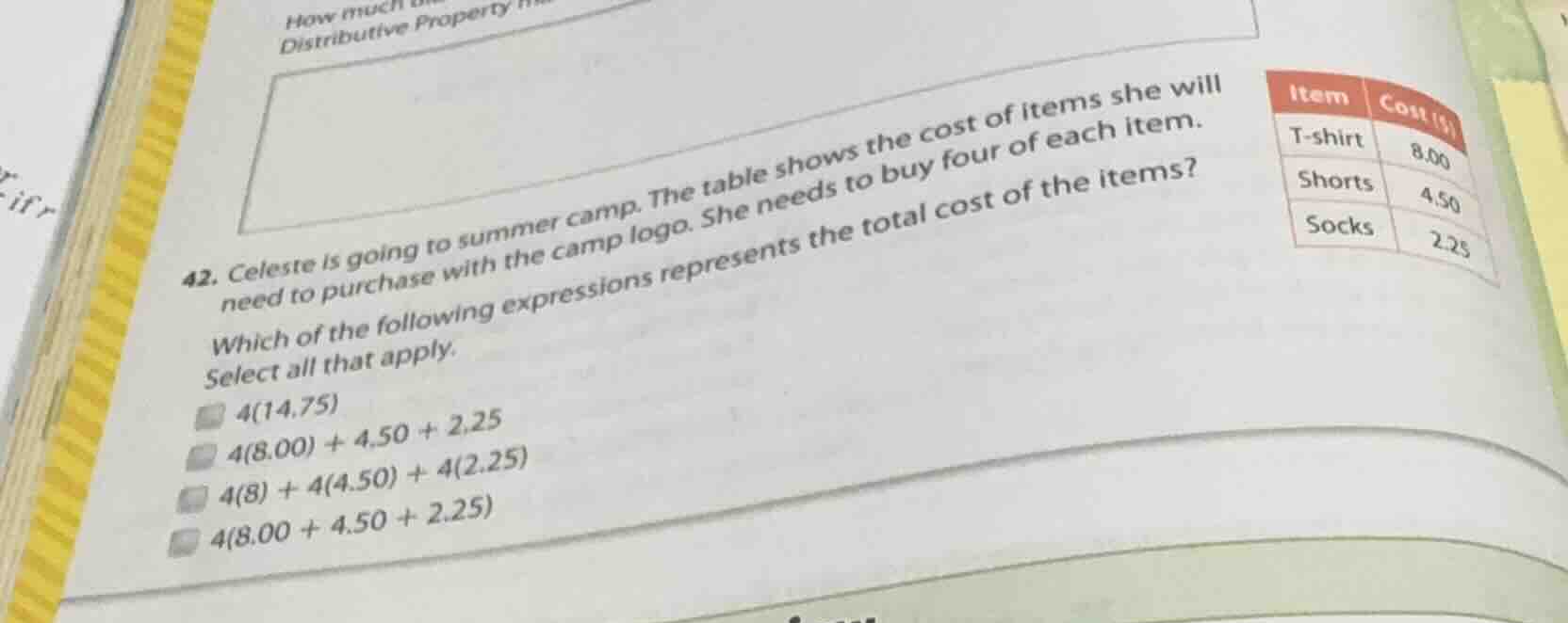 42. celeste is going to summer camp. the table shows the cost of items …