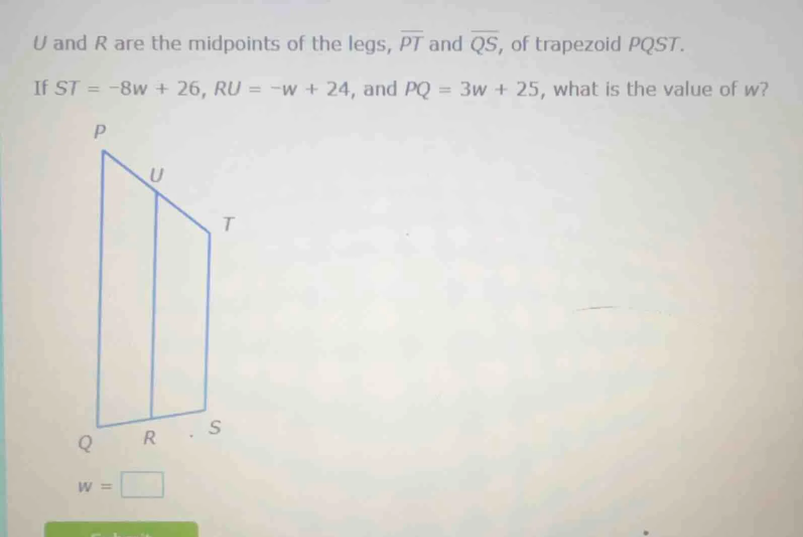 u and r are the midpoints of the legs, \\(\\overline{pt}\\) and \\(\\ov…