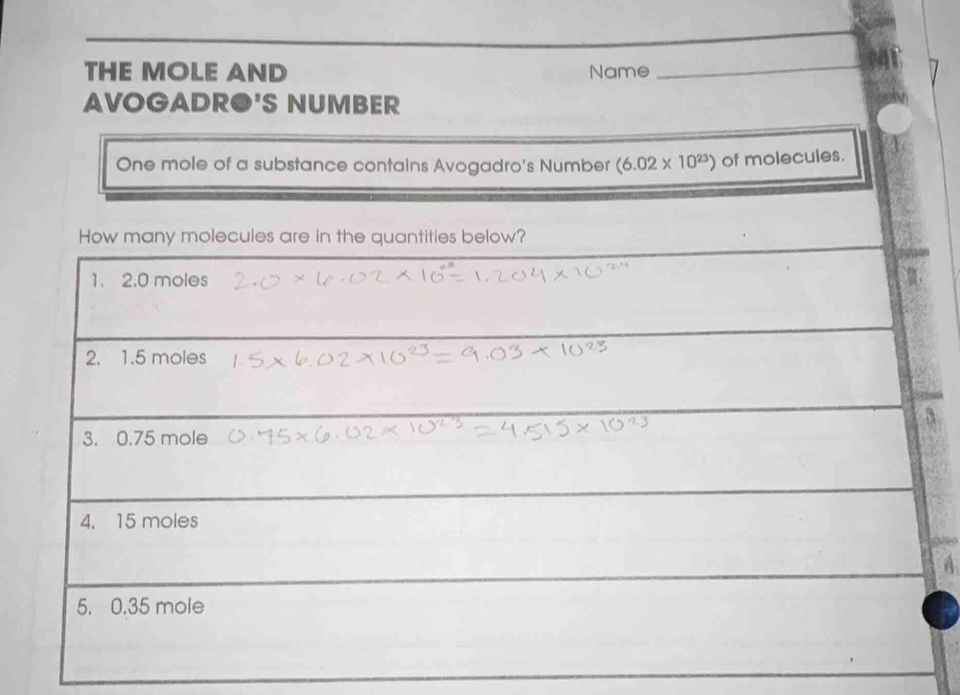 the mole and avogadros number name one mole of a substance contains avo…