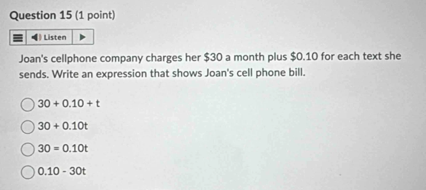question 15 (1 point) joans cellphone company charges her $30 a month p…
