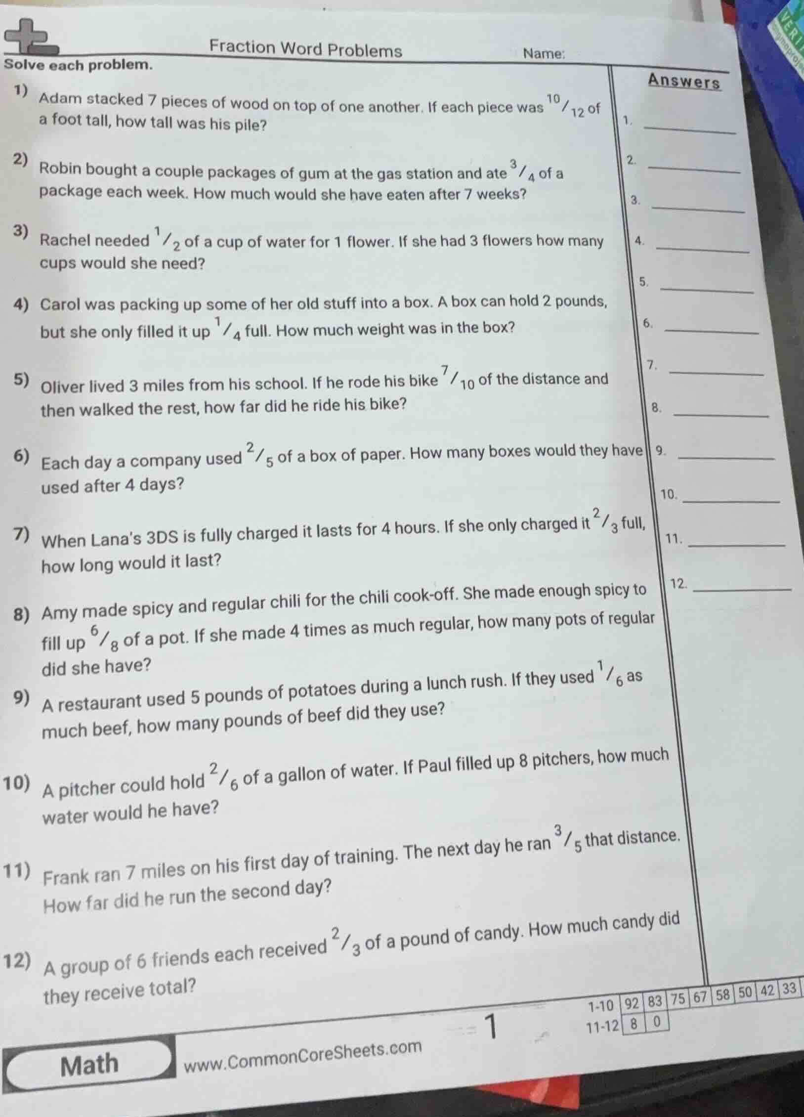 fraction word problems solve each problem. 1) adam stacked 7 pieces of …