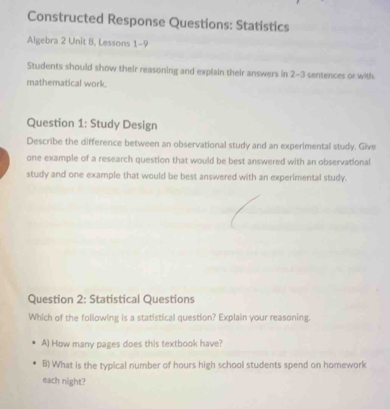 constructed response questions: statistics algebra 2 unit 8, lessons 1–…