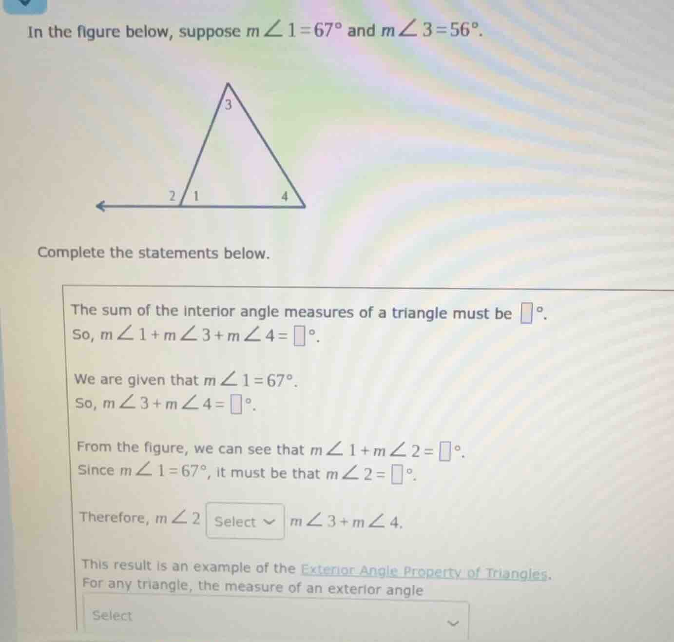 in the figure below, suppose ( mangle1 = 67^circ ) and ( mangle3 = 56^c…