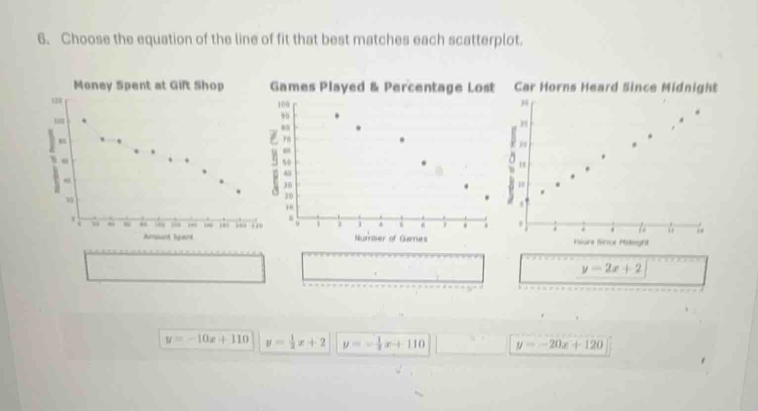 6. choose the equation of the line of fit that best matches each scatte…