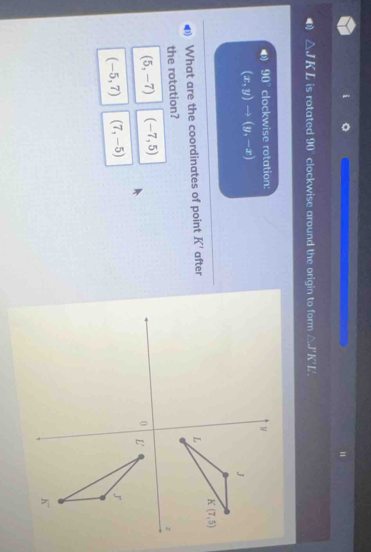 △jkl is rotated 90° clockwise around the origin to form △jkl. 90° clock…