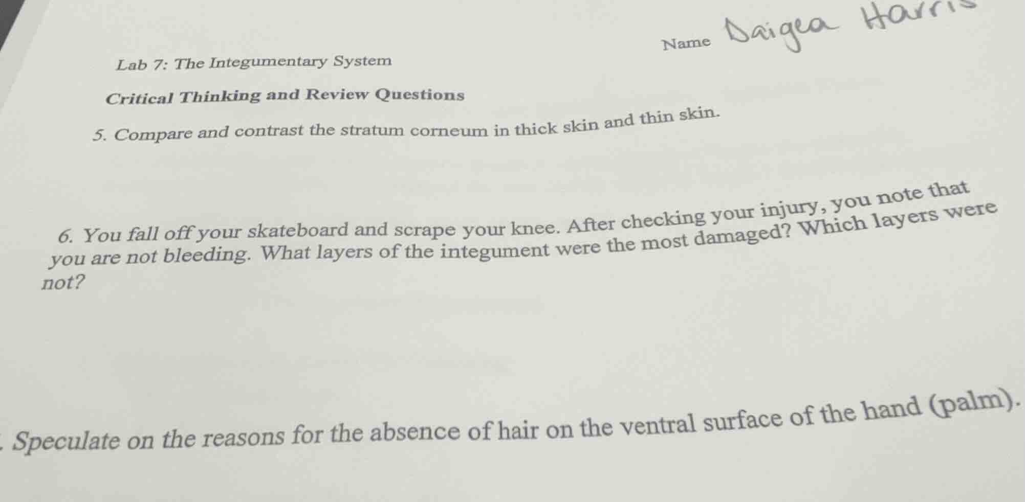 lab 7: the integumentary system critical thinking and review questions …