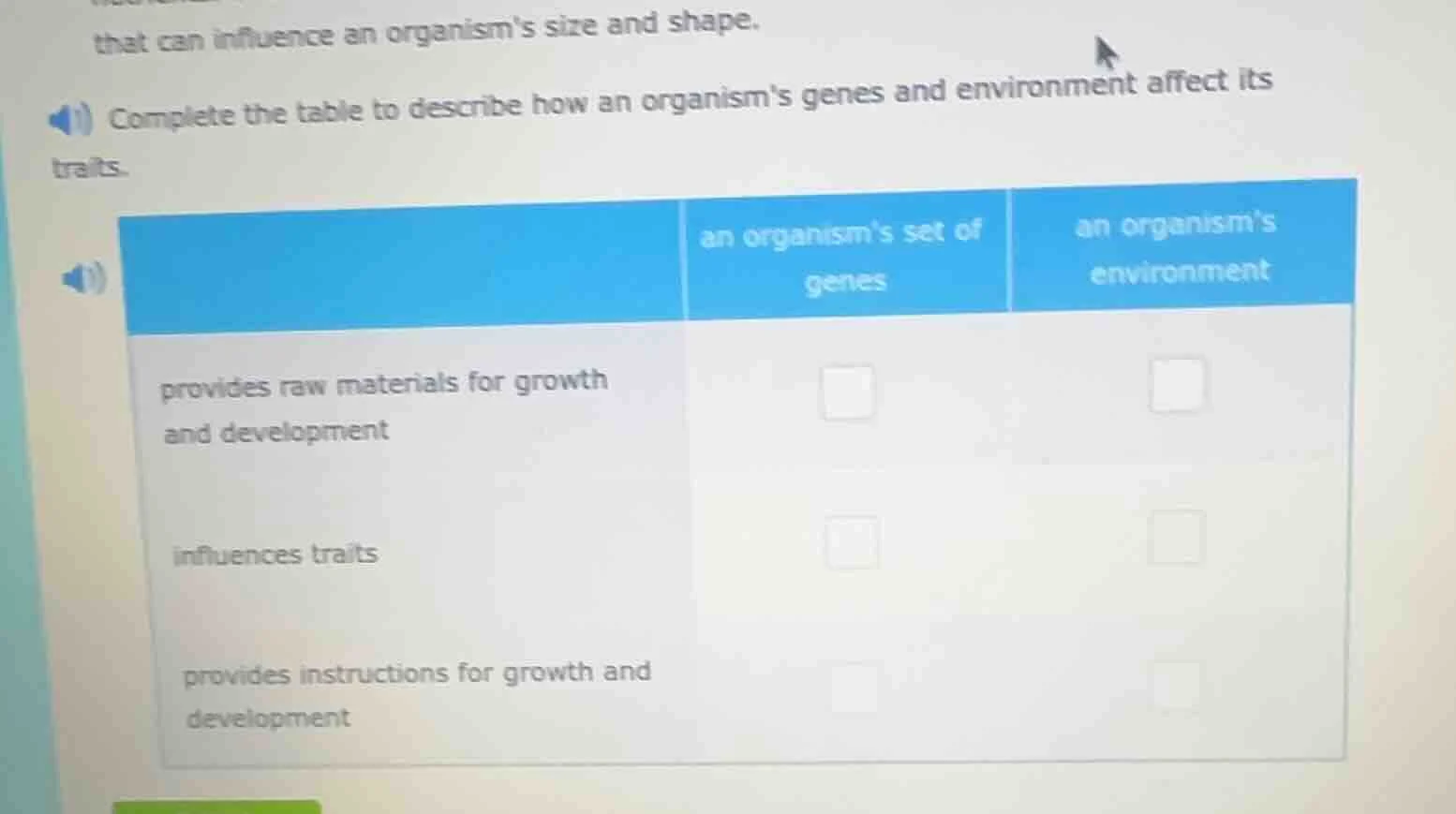 that can influence an organisms size and shape. complete the table to d…