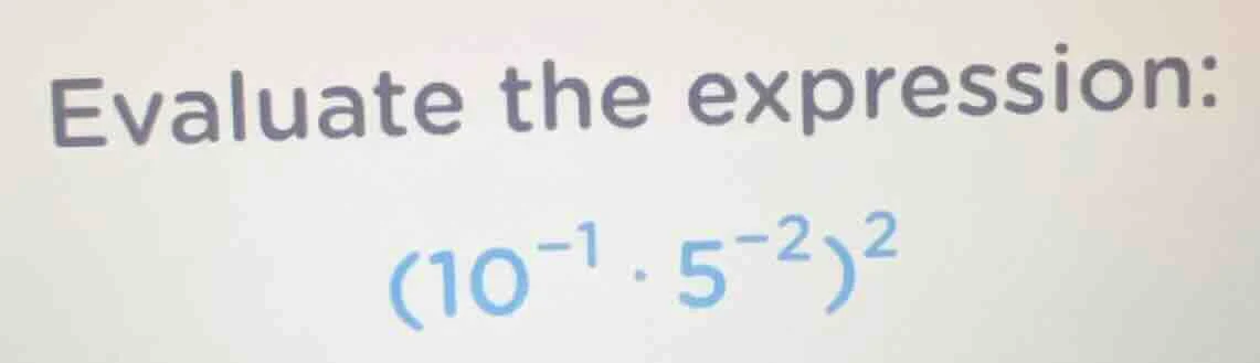 evaluate the expression: $(10^{-1} cdot 5^{-2})^2$