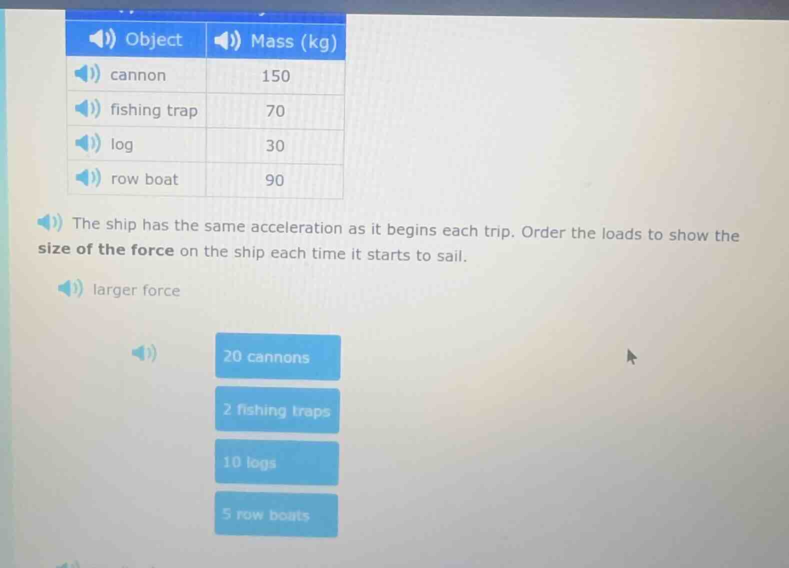 object | mass (kg) cannon | 150 fishing trap | 70 log | 30 row boat | 9…