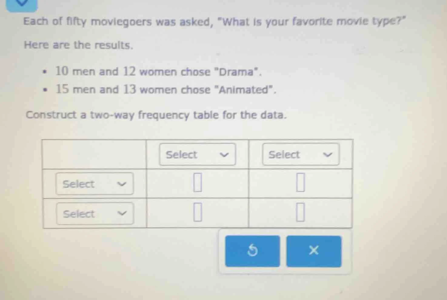 each of fifty moviegoers was asked, \what is your favorite movie type?\…