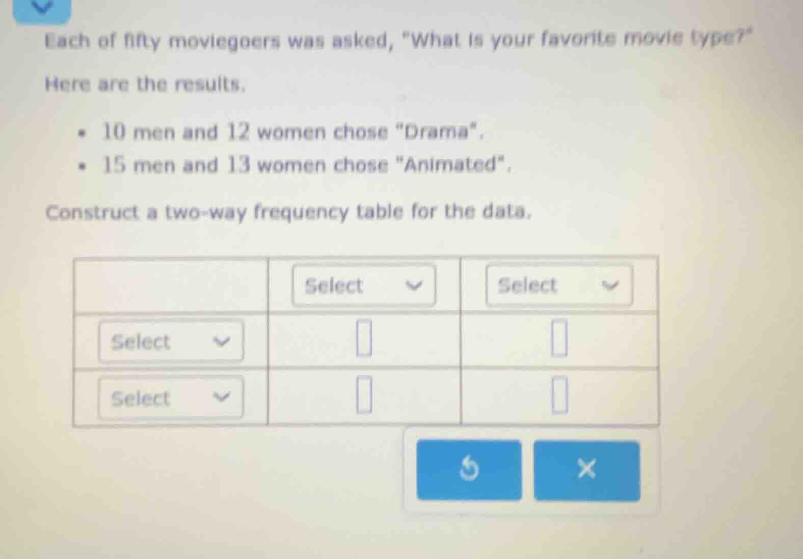 each of fifty moviegoers was asked, \what is your favorite movie type?\…