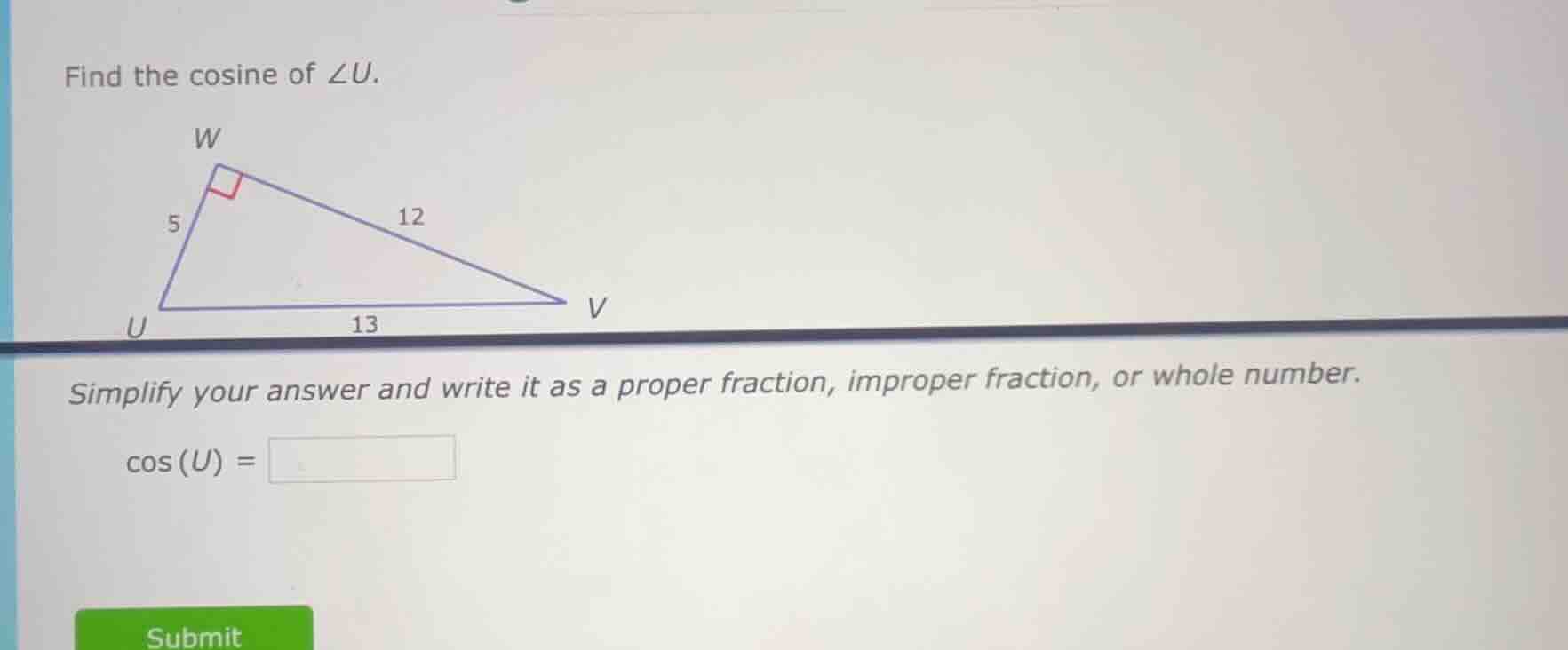 find the cosine of $\\angle u$. simplify your answer and write it as a …
