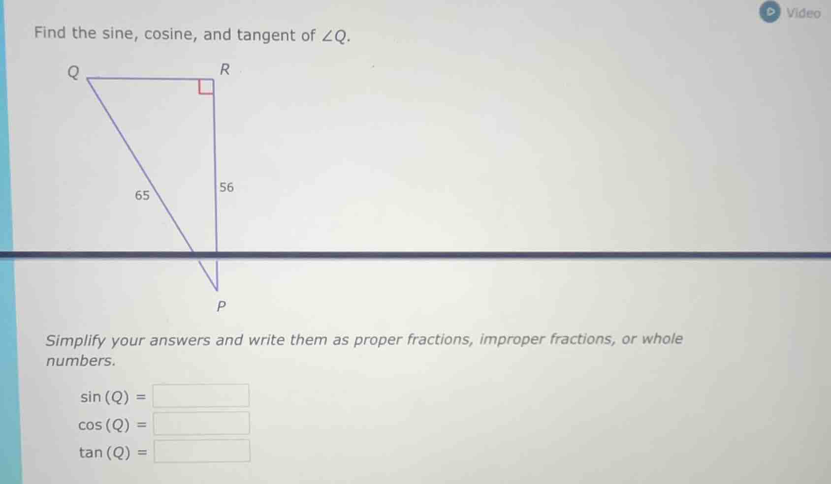 find the sine, cosine, and tangent of ∠q. simplify your answers and wri…