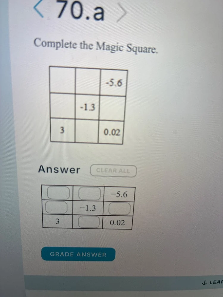 70.a complete the magic square. -5.6 -1.3 3 0.02 answer -5.6 -1.3 3 0.02