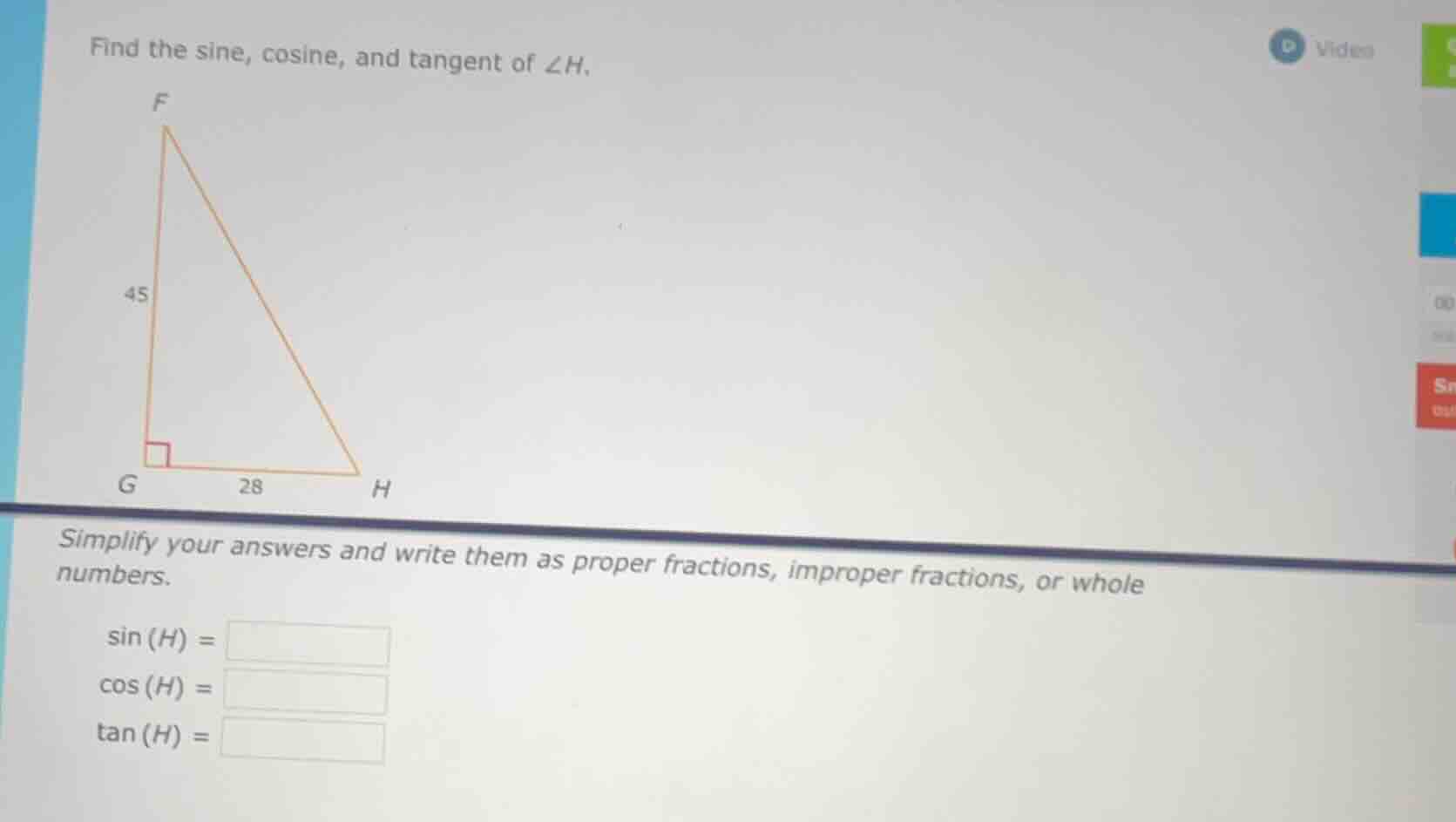 find the sine, cosine, and tangent of ∠h. simplify your answers and wri…