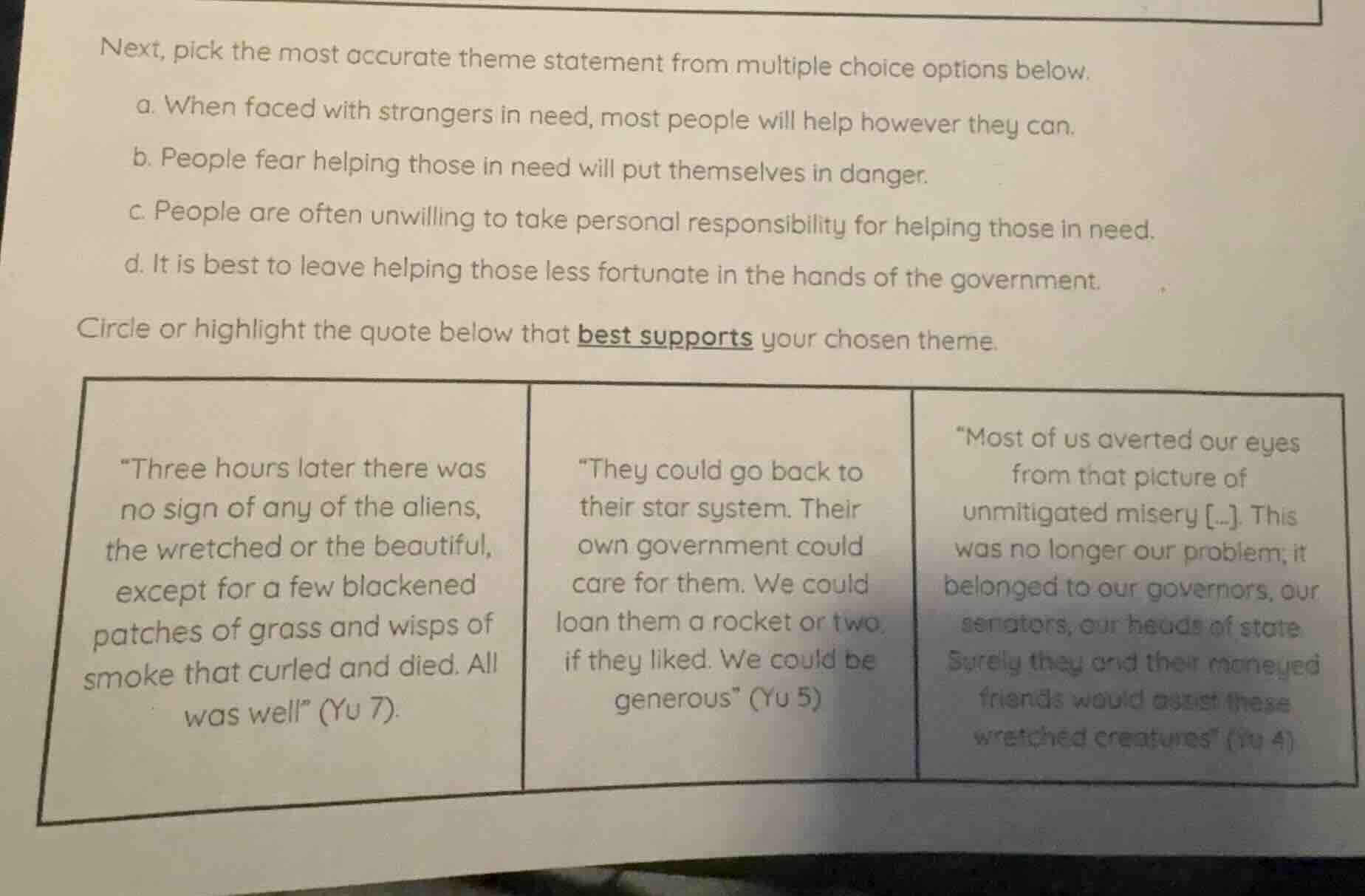 next, pick the most accurate theme statement from multiple choice optio…