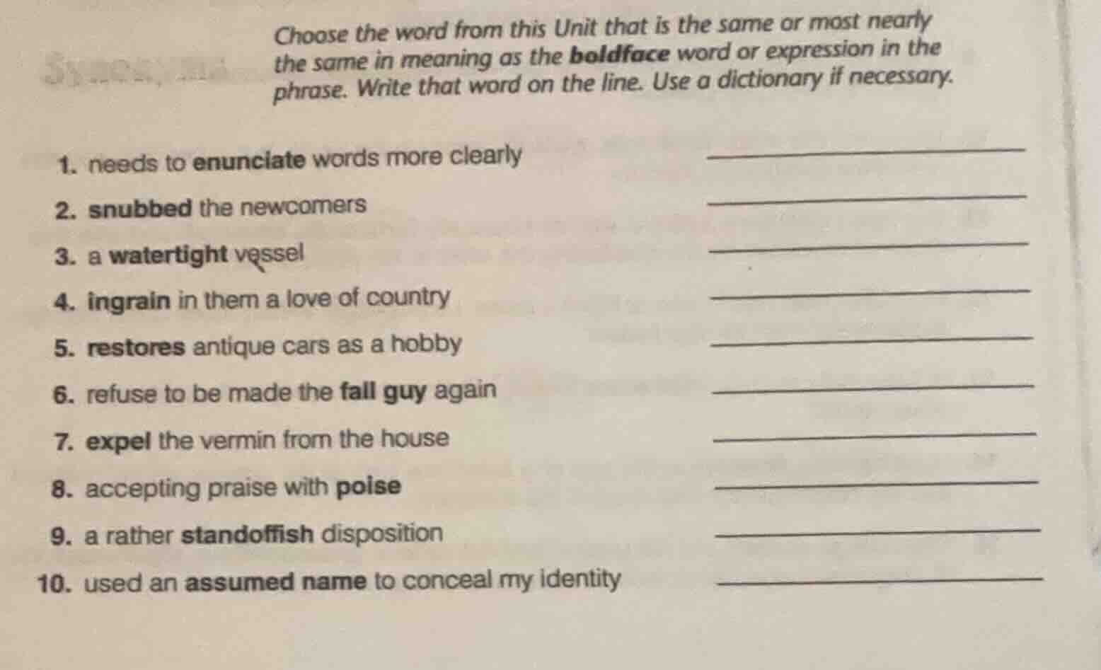choose the word from this unit that is the same or most nearly the same…