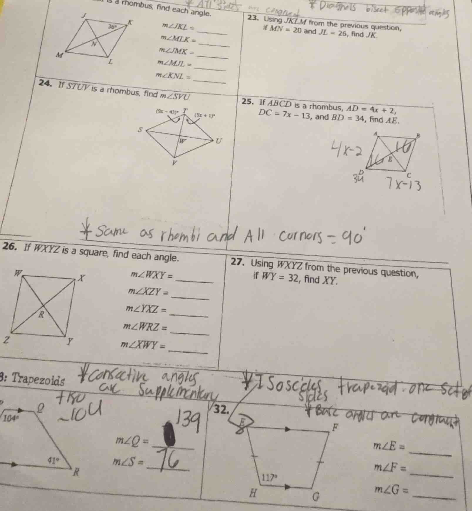 a rhombus, find each angle. 23. using jklm from the previous question, …