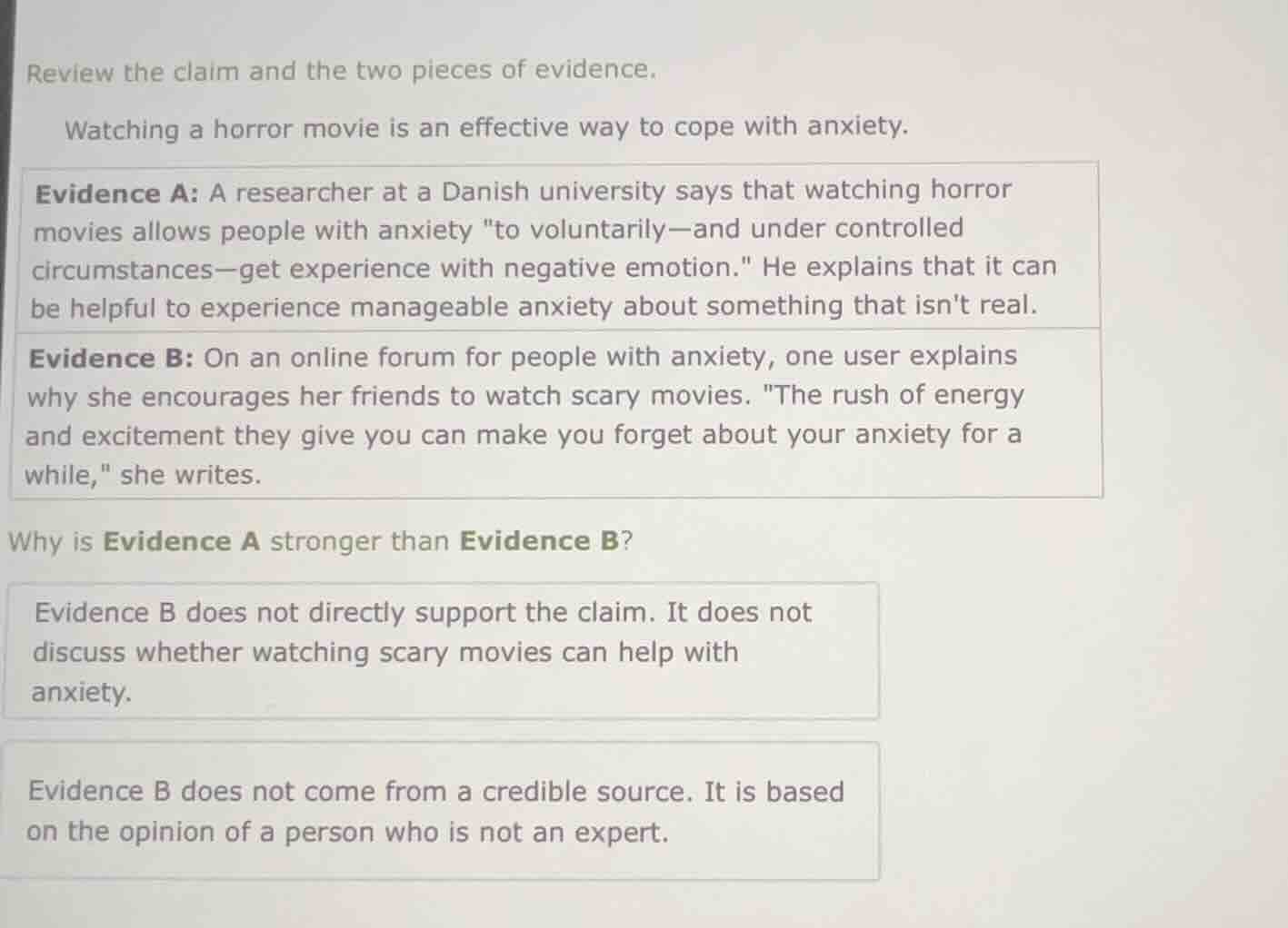 review the claim and the two pieces of evidence. watching a horror movi…