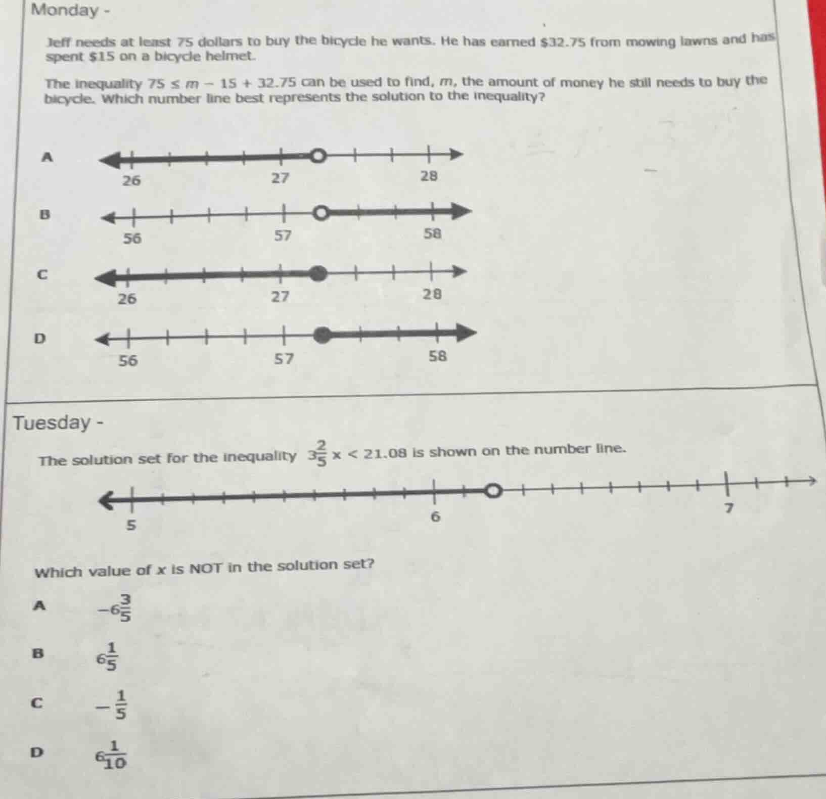 monday - jeff needs at least 75 dollars to buy the bicycle he wants. he…