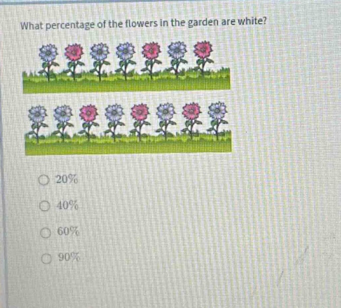 what percentage of the flowers in the garden are white? 20% 40% 60% 90%