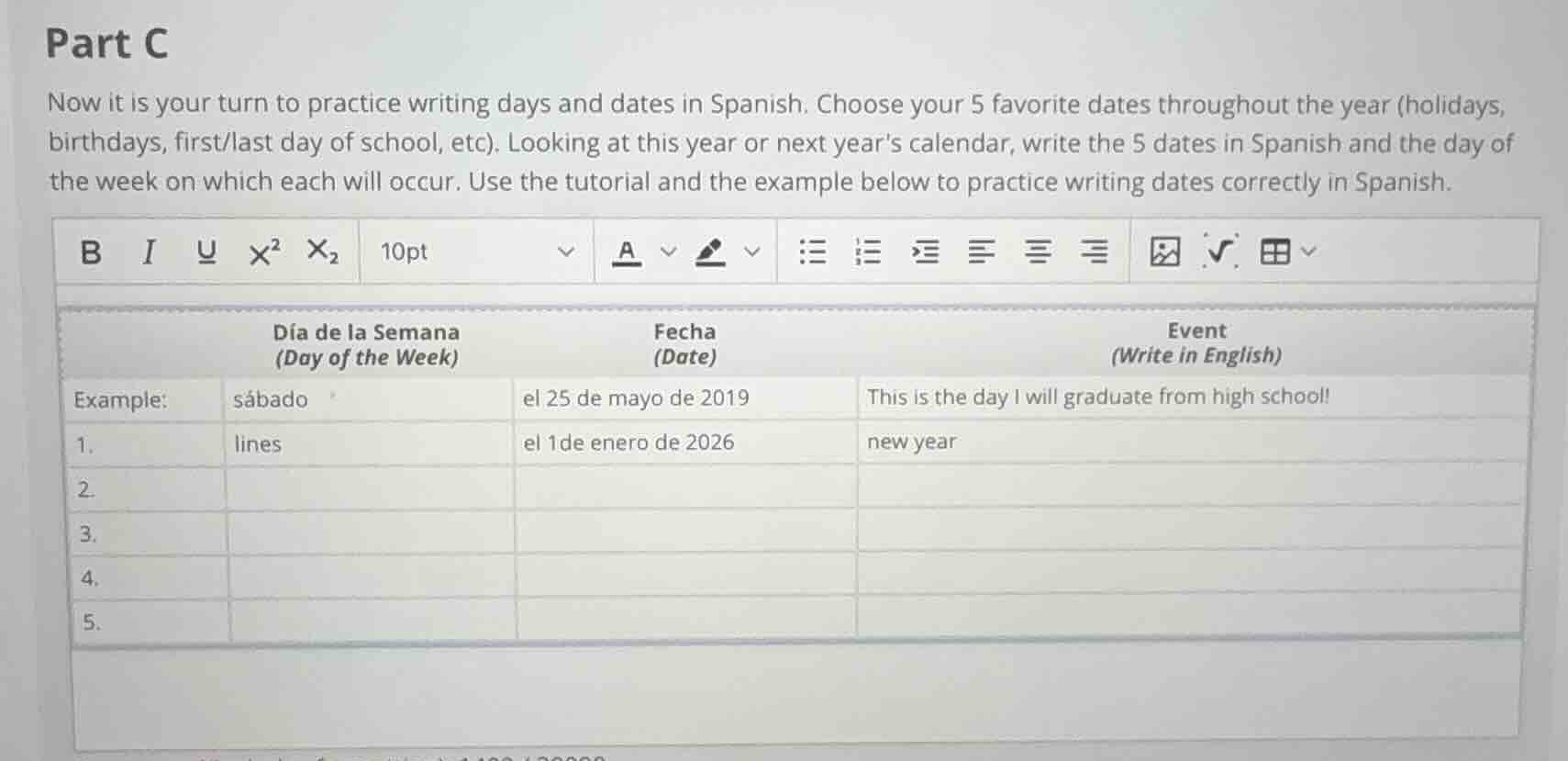 part c now it is your turn to practice writing days and dates in spanis…