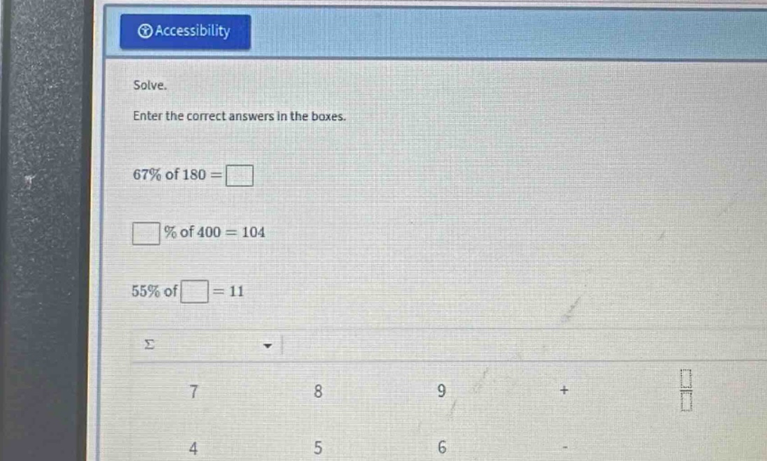 solve. enter the correct answers in the boxes. $67\\%$ of $180 = \\squa…