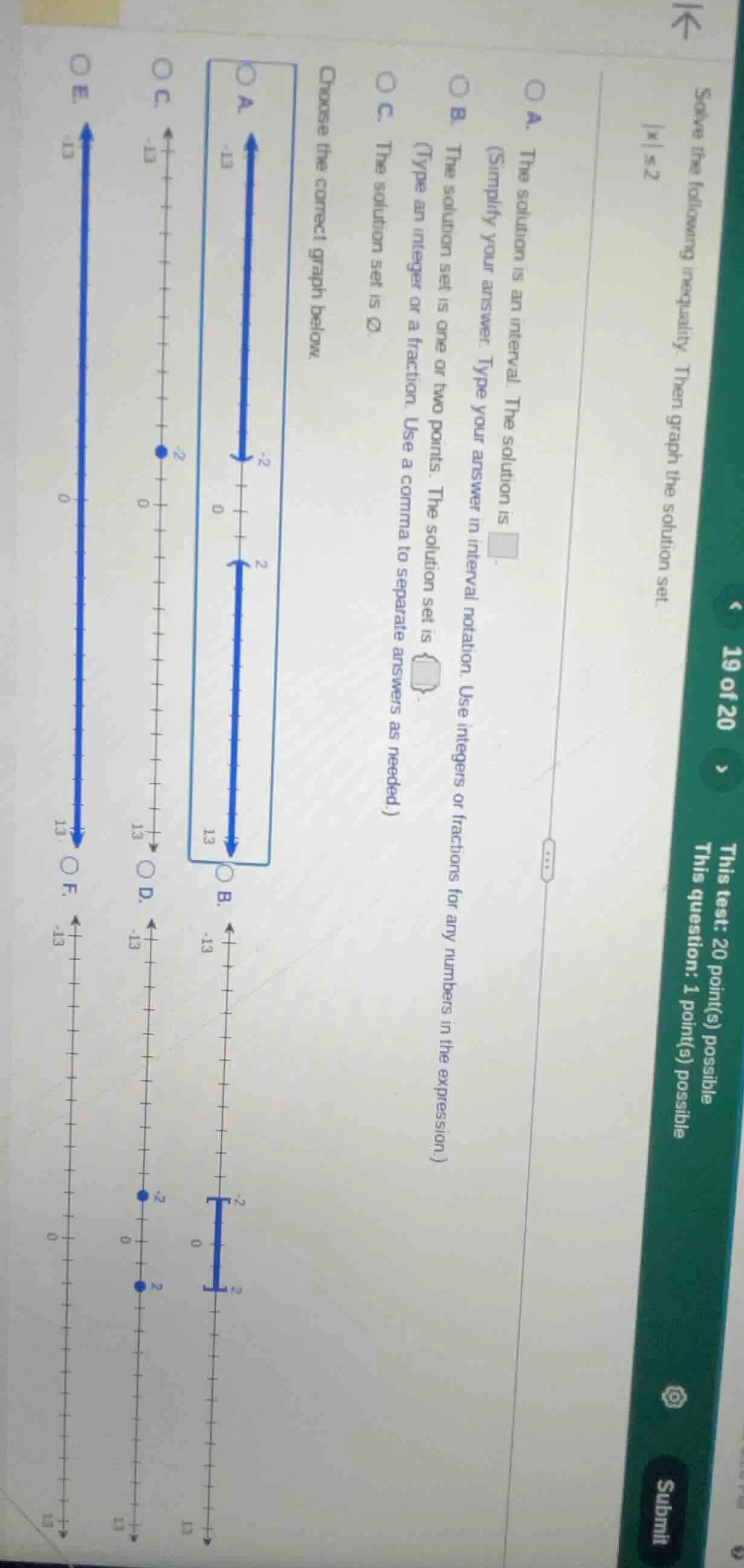 solve the following inequality. then graph the solution set. |x| ≤ 2 a.…