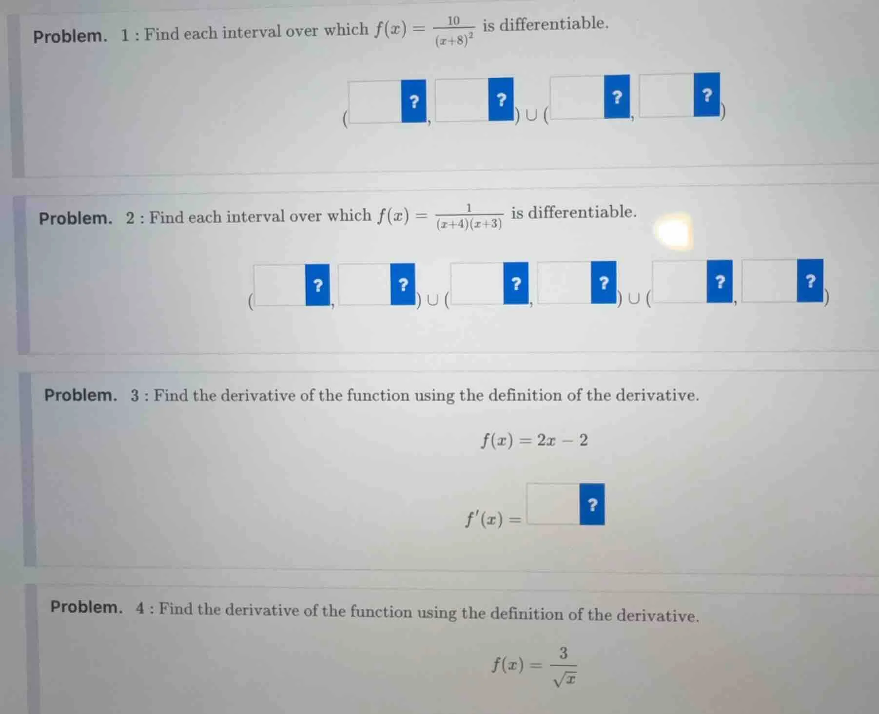 problem. 1 : find each interval over which $f(x) = \\frac{10}{(x + 8)^2…