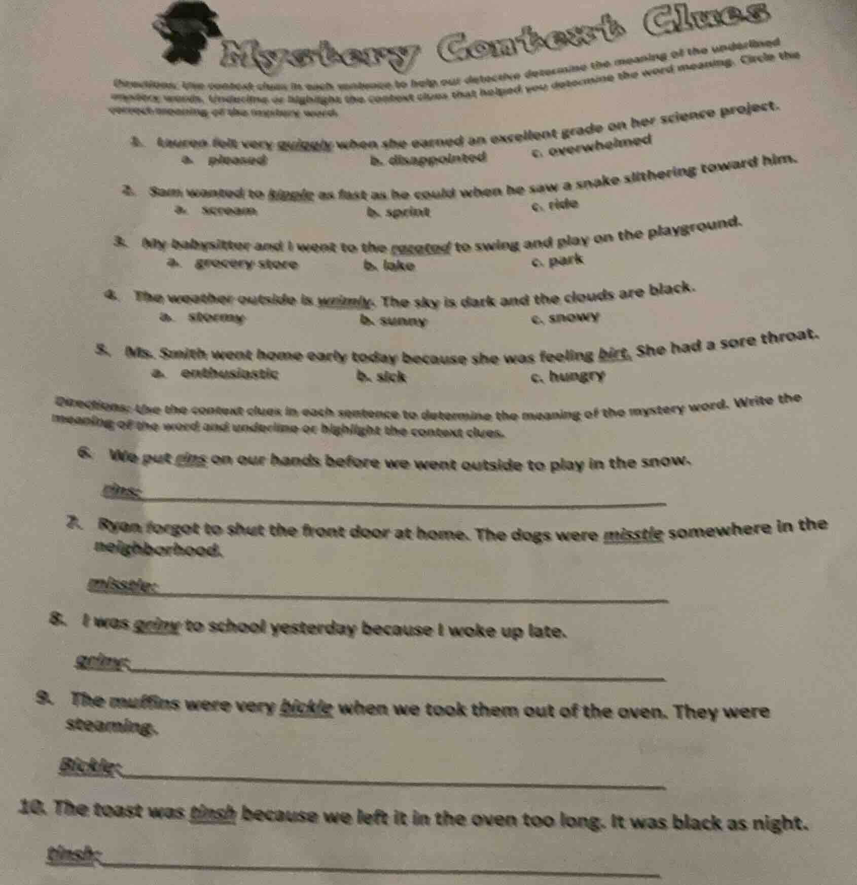 mystery context clues directions: use context clues in each sentence to…