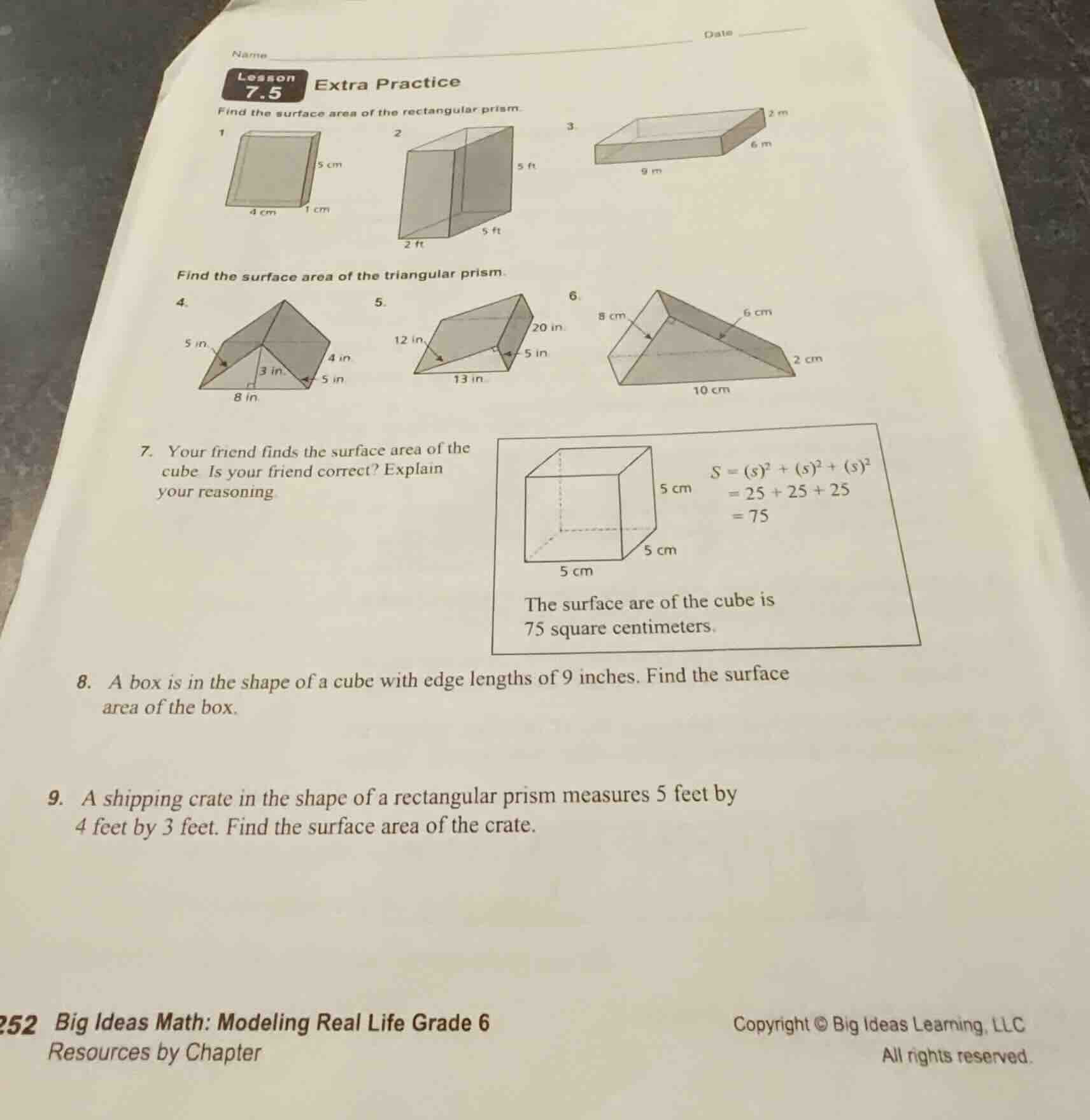 name date lesson 7.5 extra practice find the surface area of the rectan…