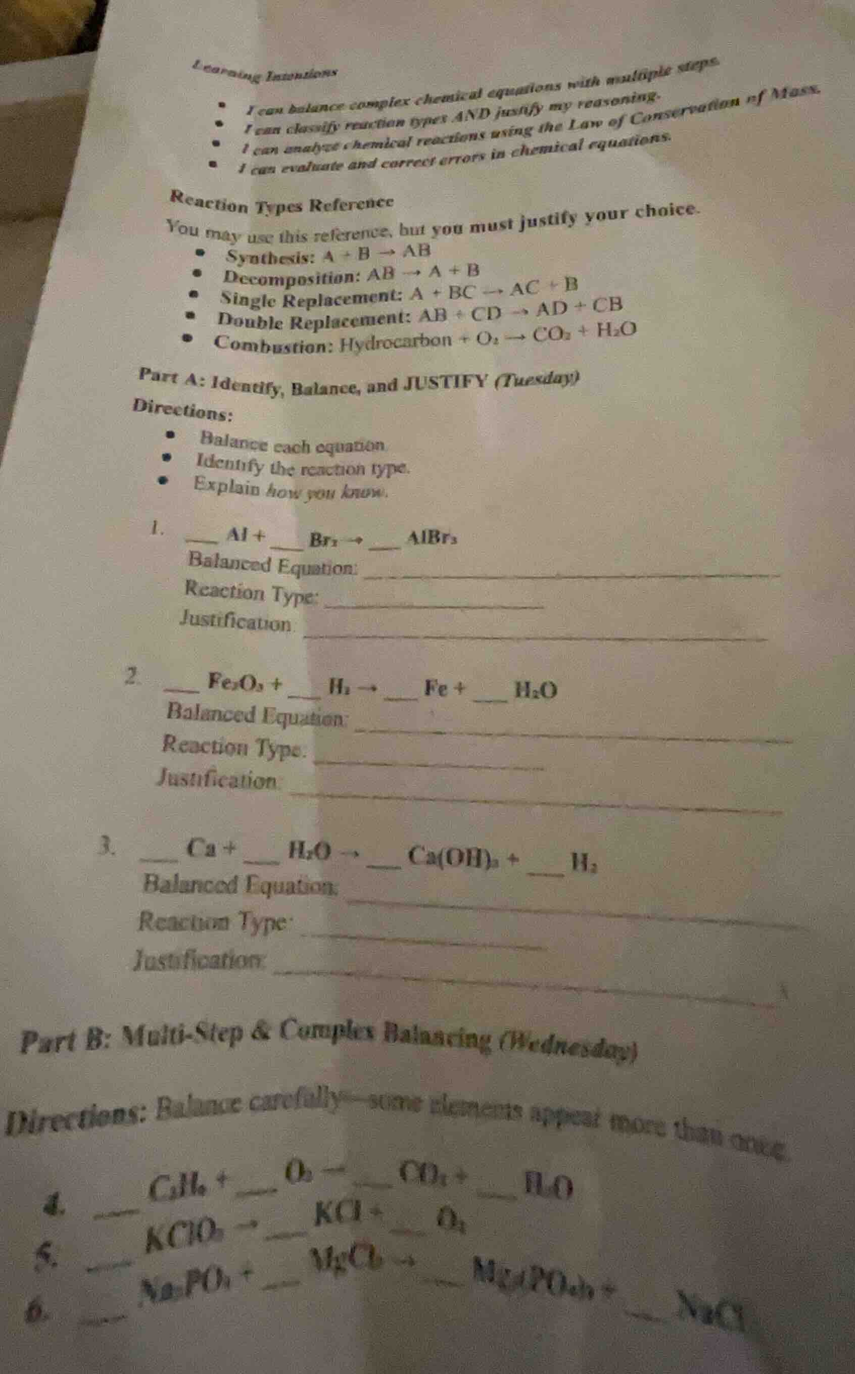 learning intentions - i can balance complex chemical equations with mul…