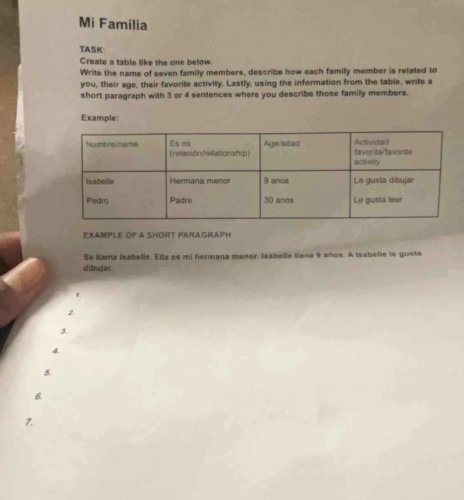 mi familia task: create a table like the one below. write the name of s…