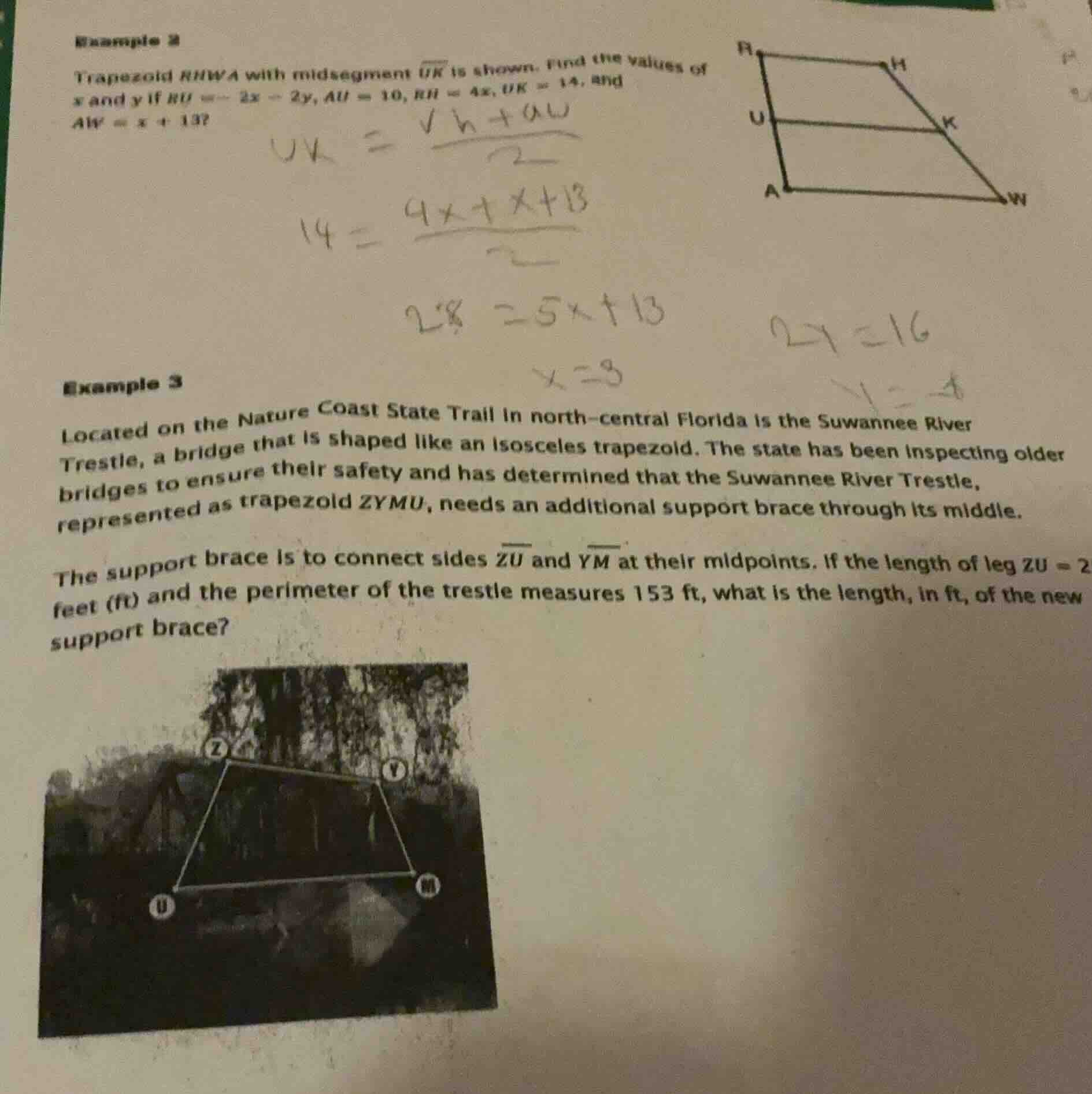 example 2 trapezoid rhwa with midsegment (overline{uk}) is shown. find …