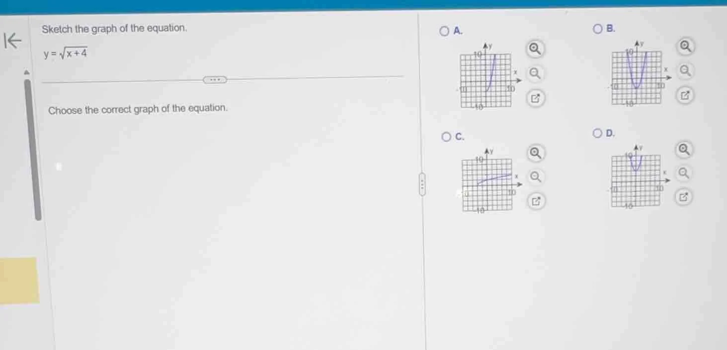 sketch the graph of the equation. $y = \\sqrt{x + 4}$ choose the correc…