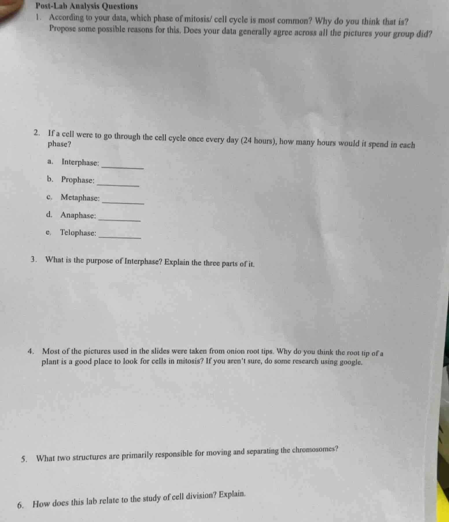post-lab analysis questions 1. according to your data, which phase of m…