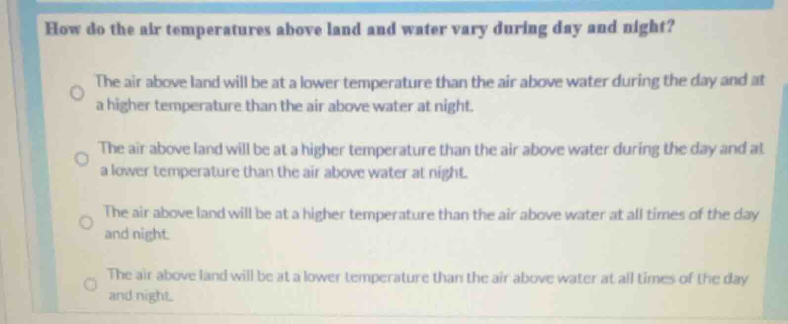 how do the air temperatures above land and water vary during day and ni…