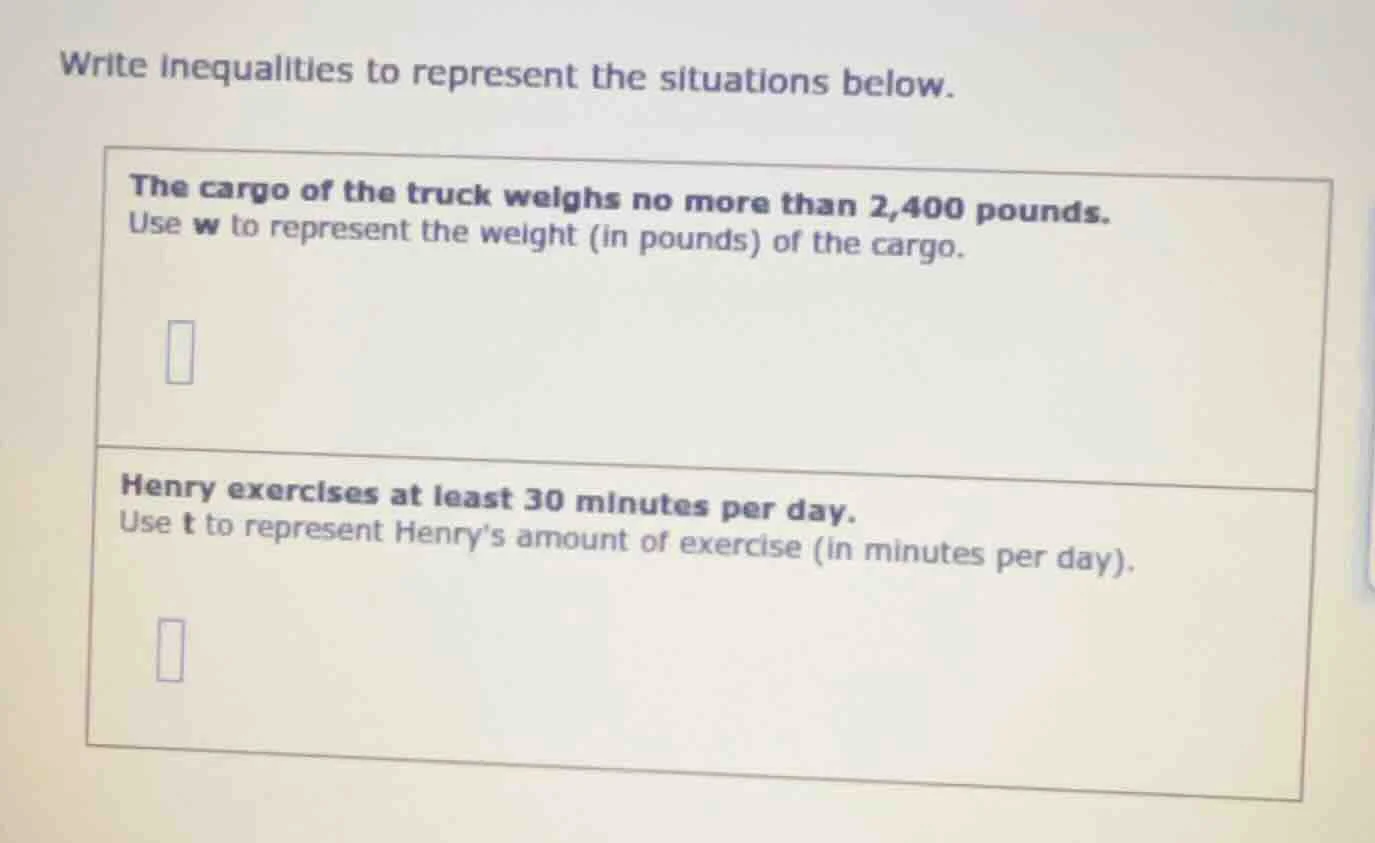 write inequalities to represent the situations below. the cargo of the …