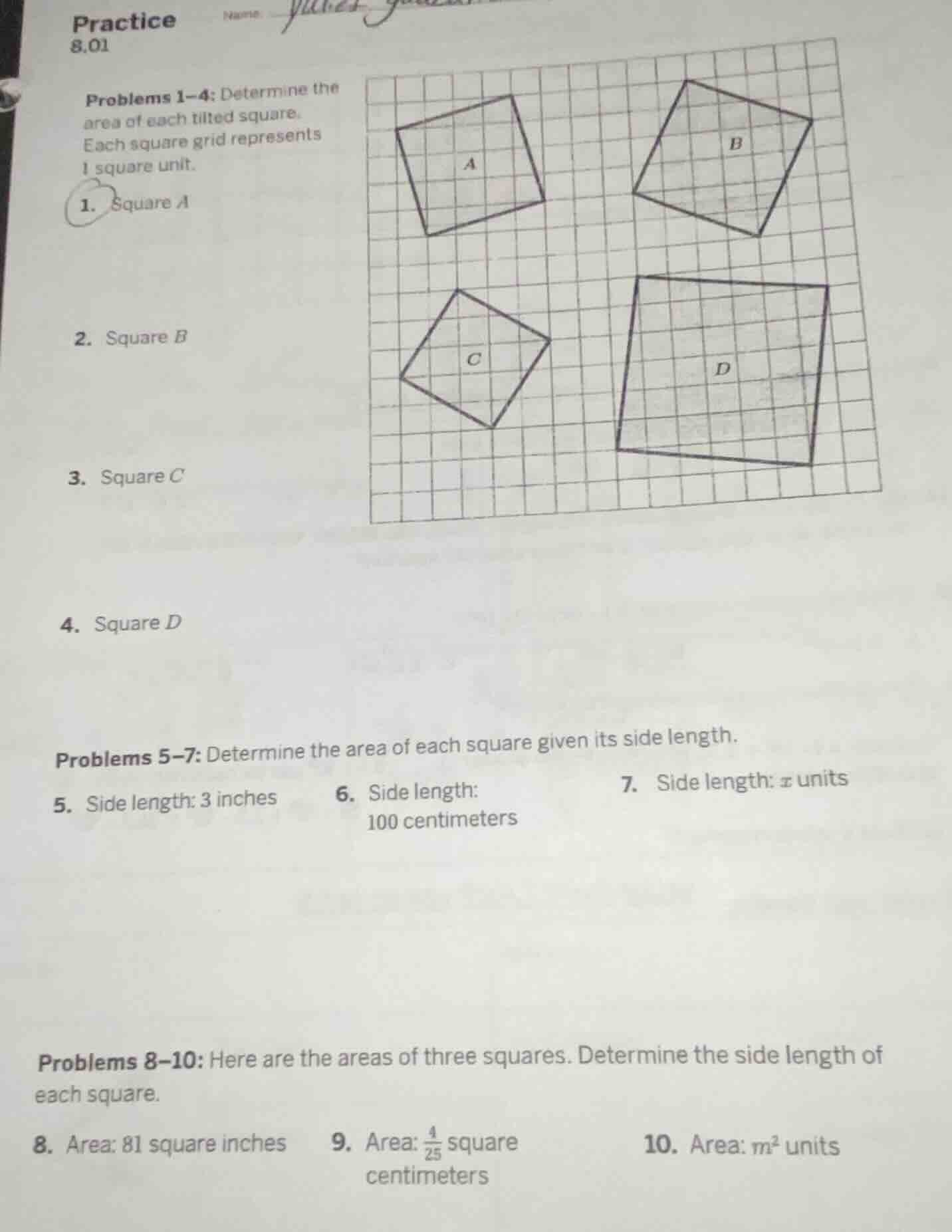 practice 8.01 problems 1–4: determine the area of each tilted square. e…
