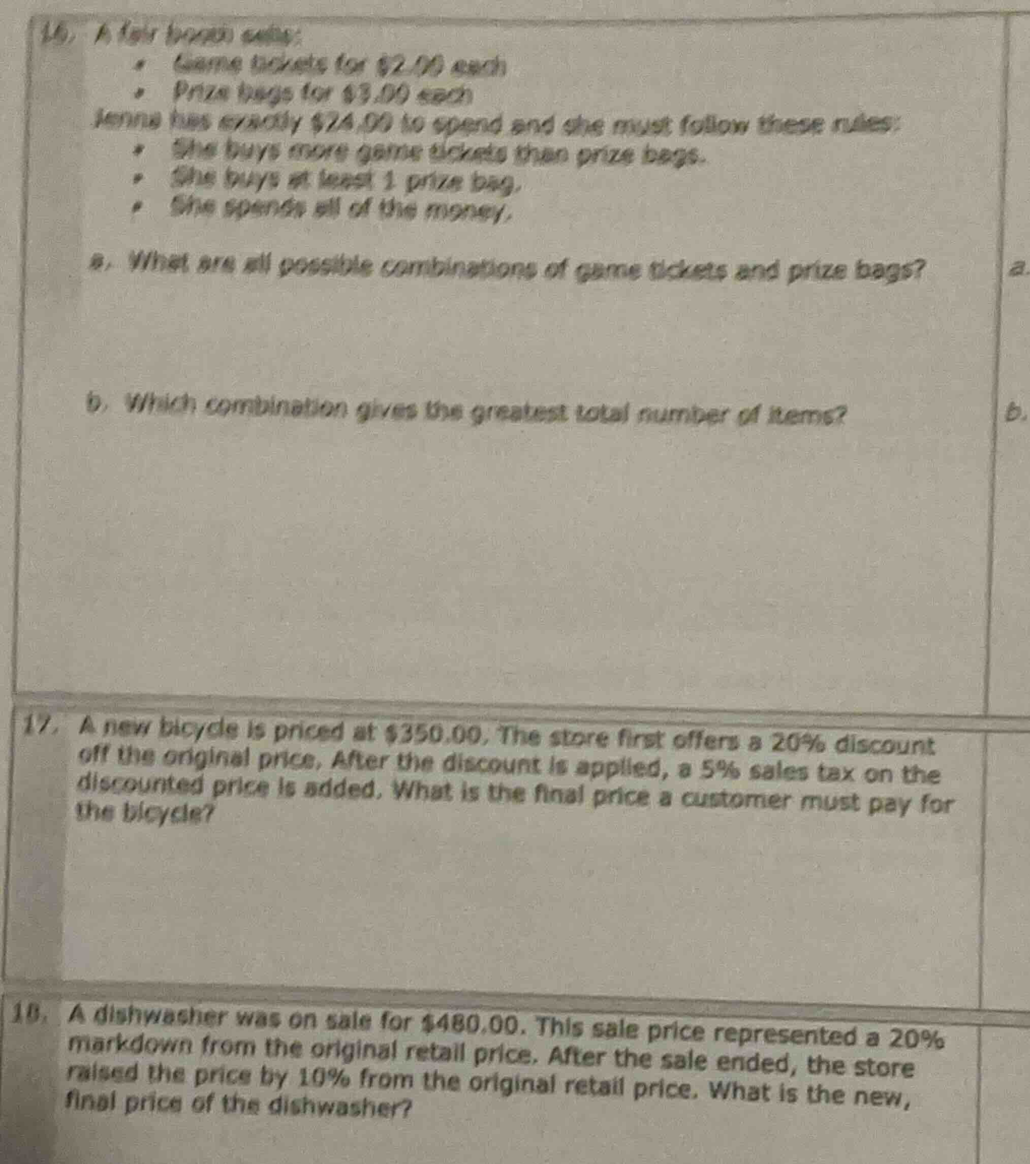 16. a fair booth sells: - game tickets for $2.00 each - prize bags for …