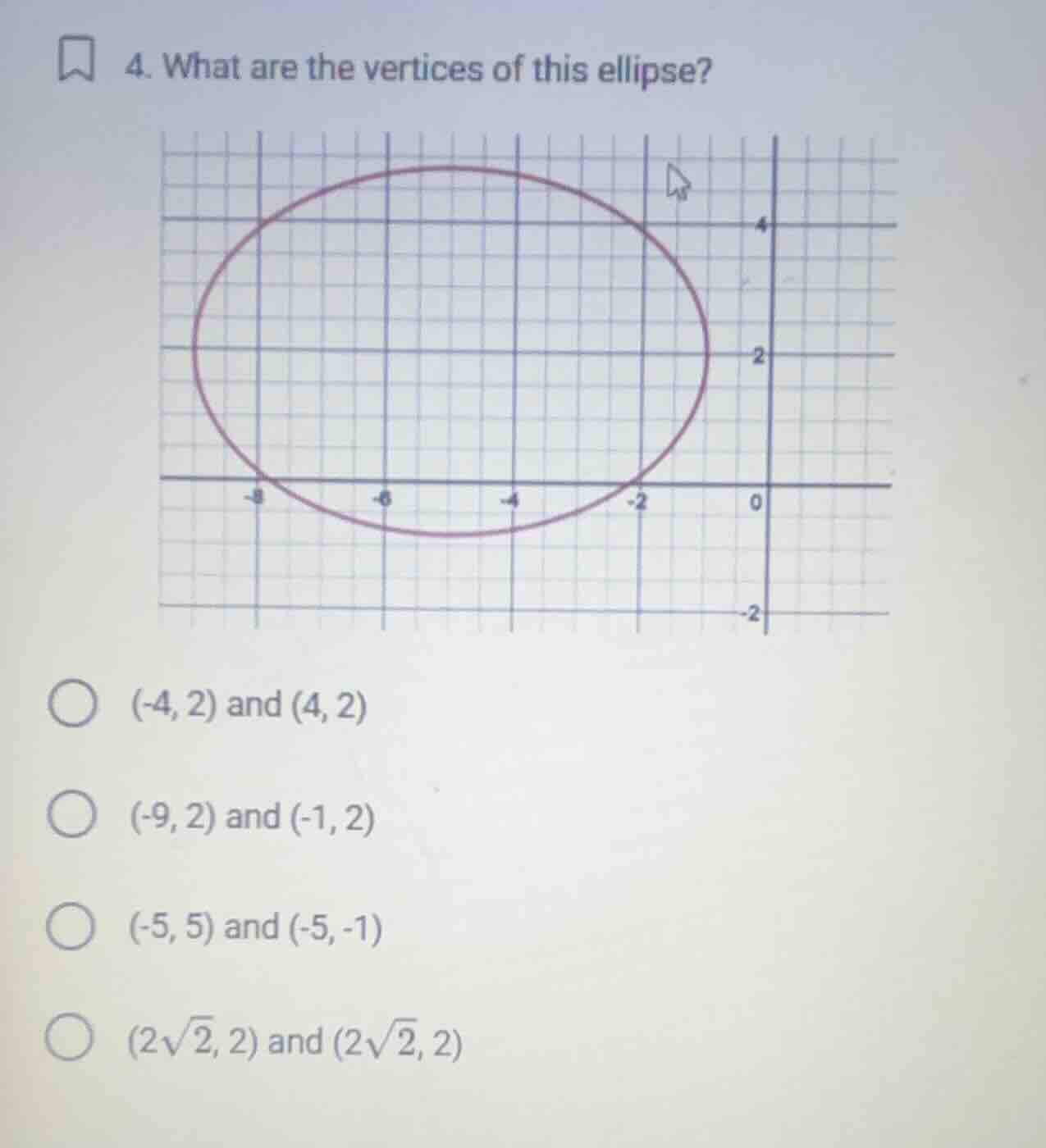 4. what are the vertices of this ellipse? options: (-4, 2) and (4, 2) (…