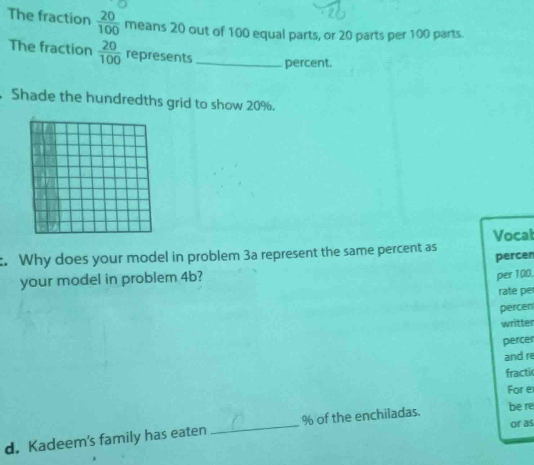 the fraction \\(\\frac{20}{100}\\) means 20 out of 100 equal parts, or …