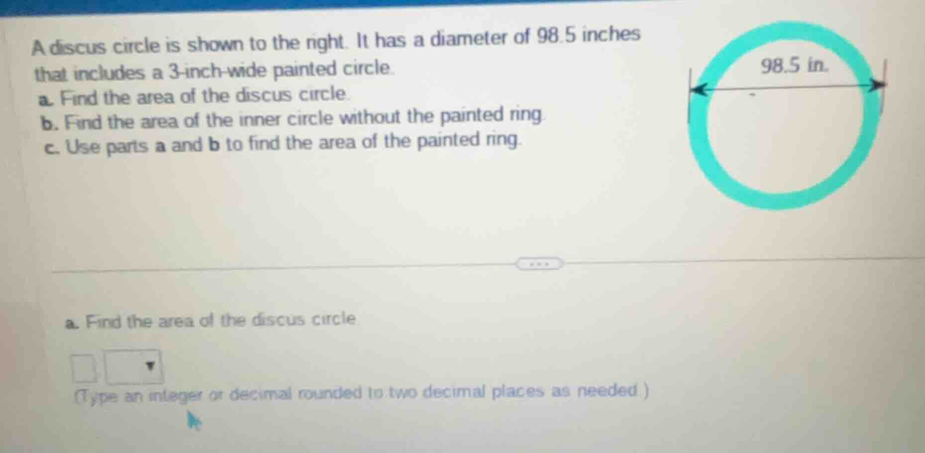 a discus circle is shown to the right. it has a diameter of 98.5 inches…