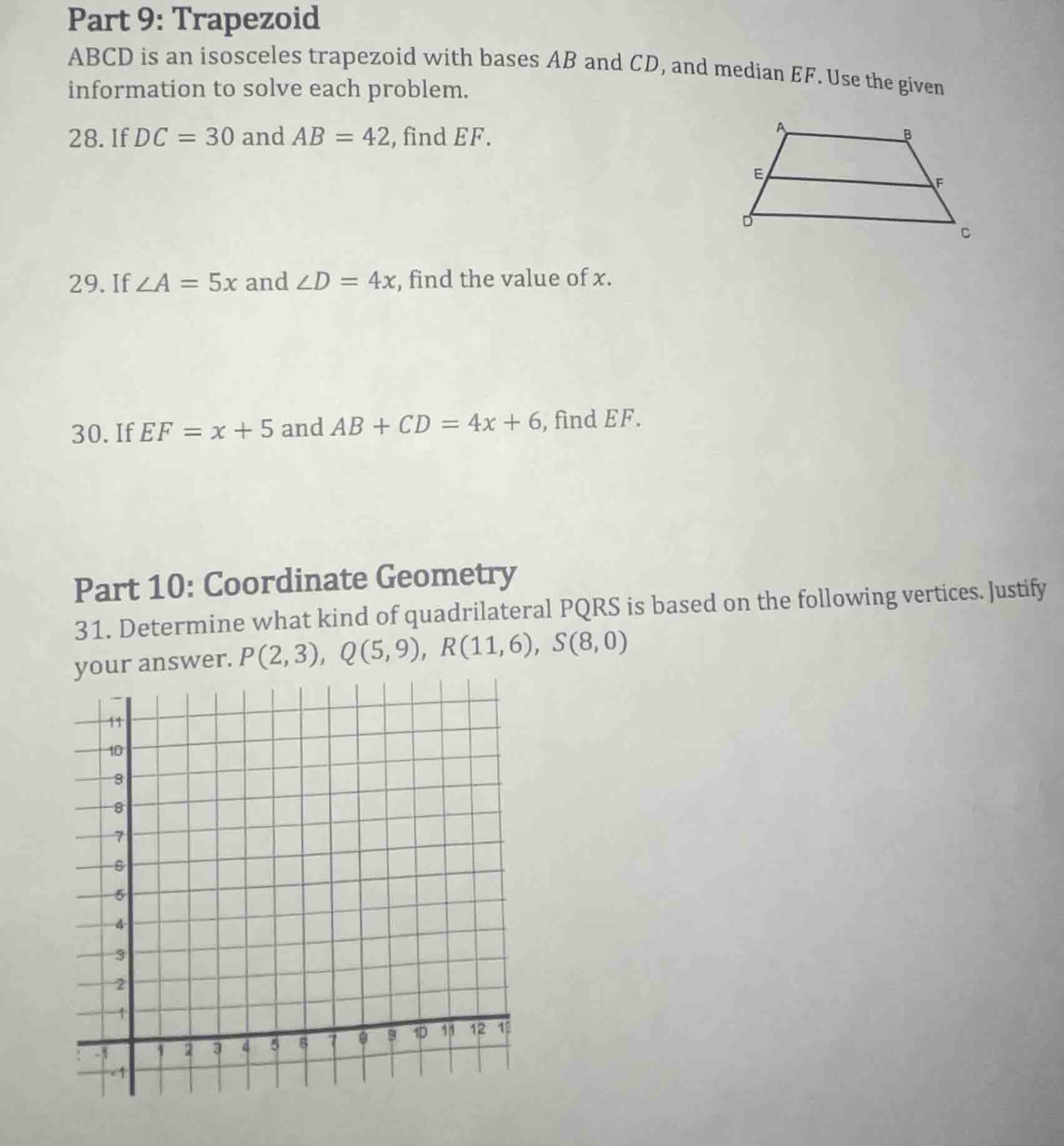 part 9: trapezoid abcd is an isosceles trapezoid with bases ab and cd, …