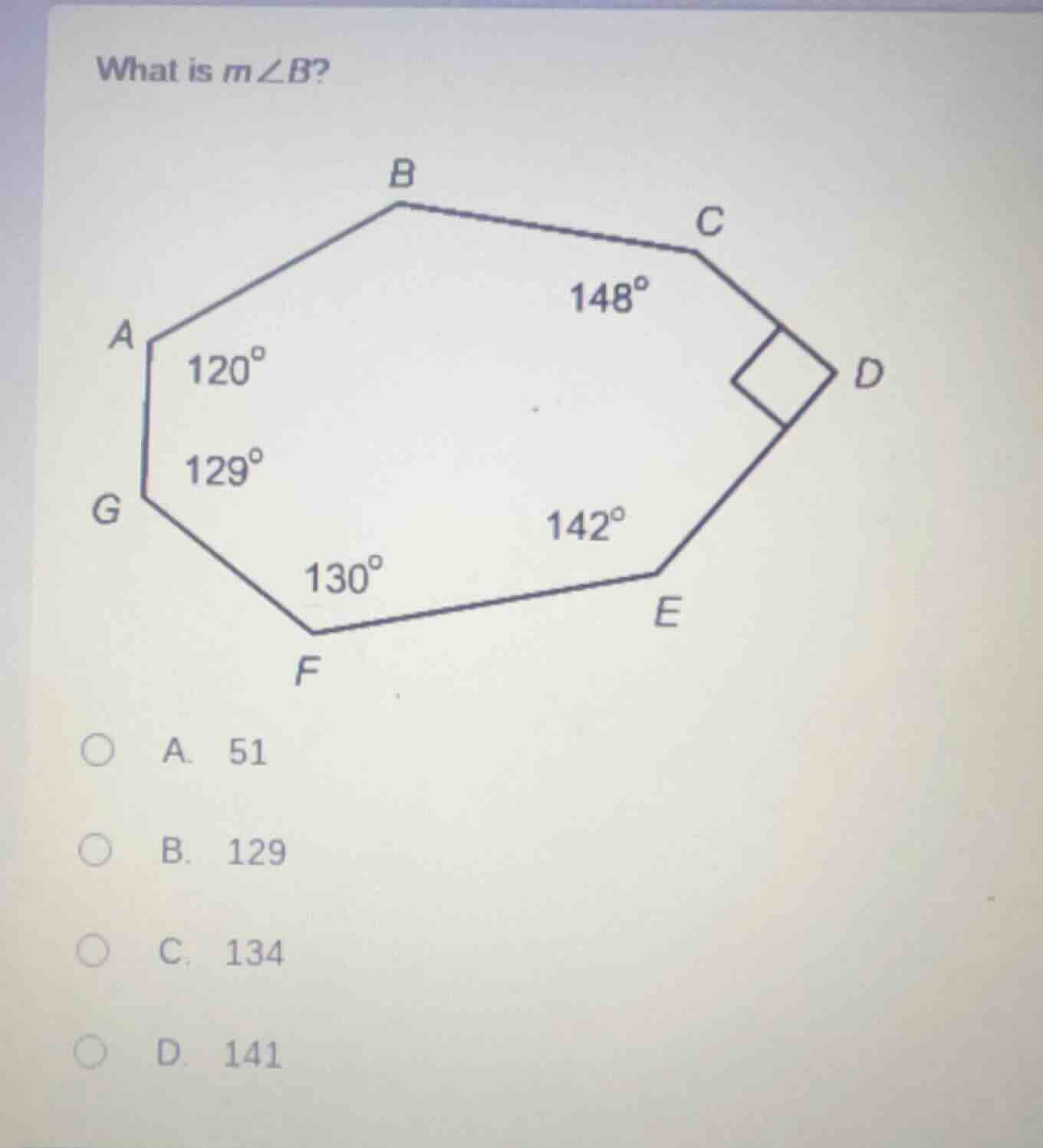 what is ( mangle b )? options: a. 51 b. 129 c. 134 d. 141