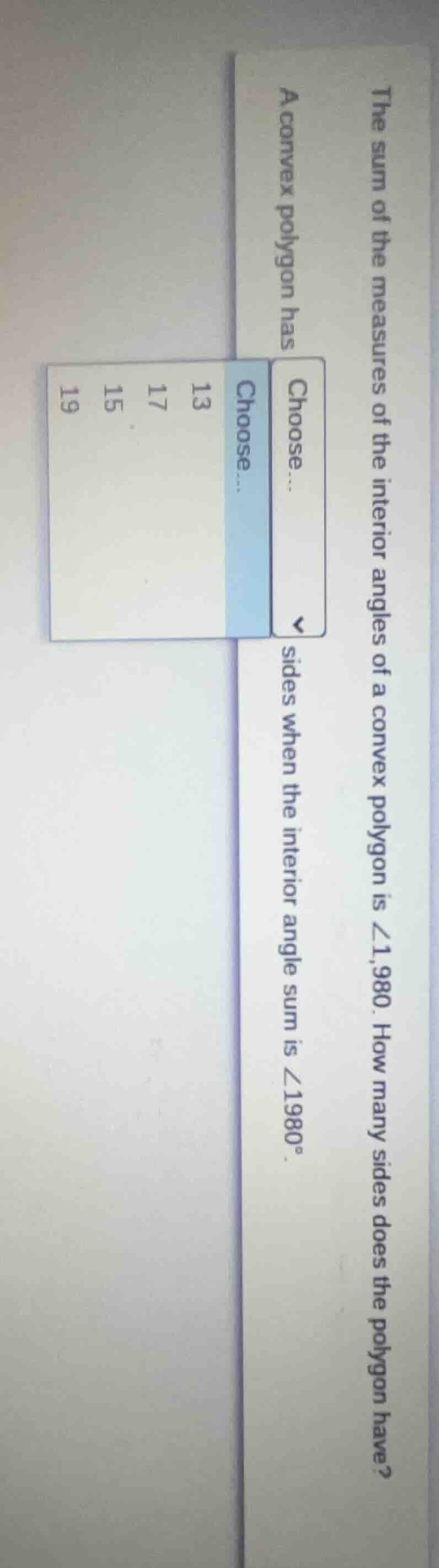 the sum of the measures of the interior angles of a convex polygon is ∠…